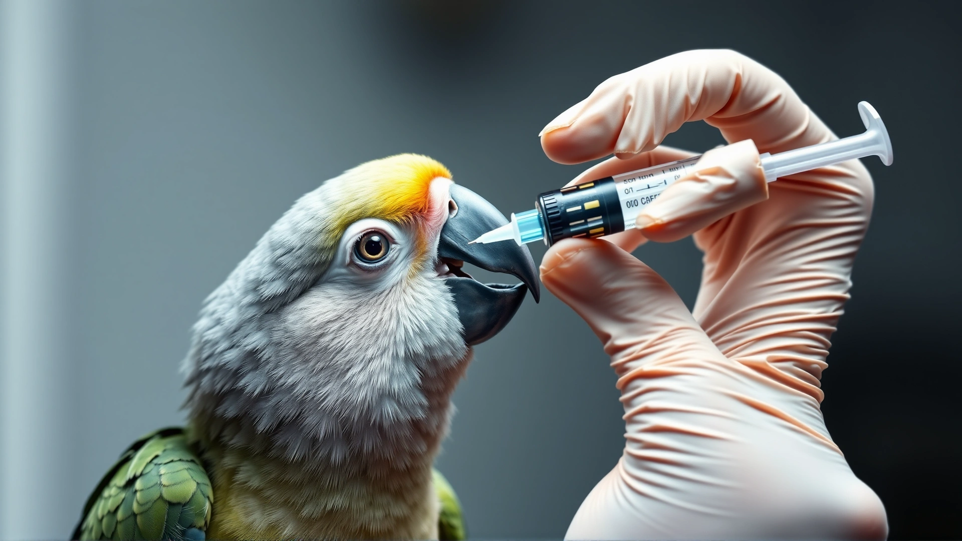 Scene of a parrot receiving oral medication from a syringe held by a gloved hand, emphasizing supportive treatment.