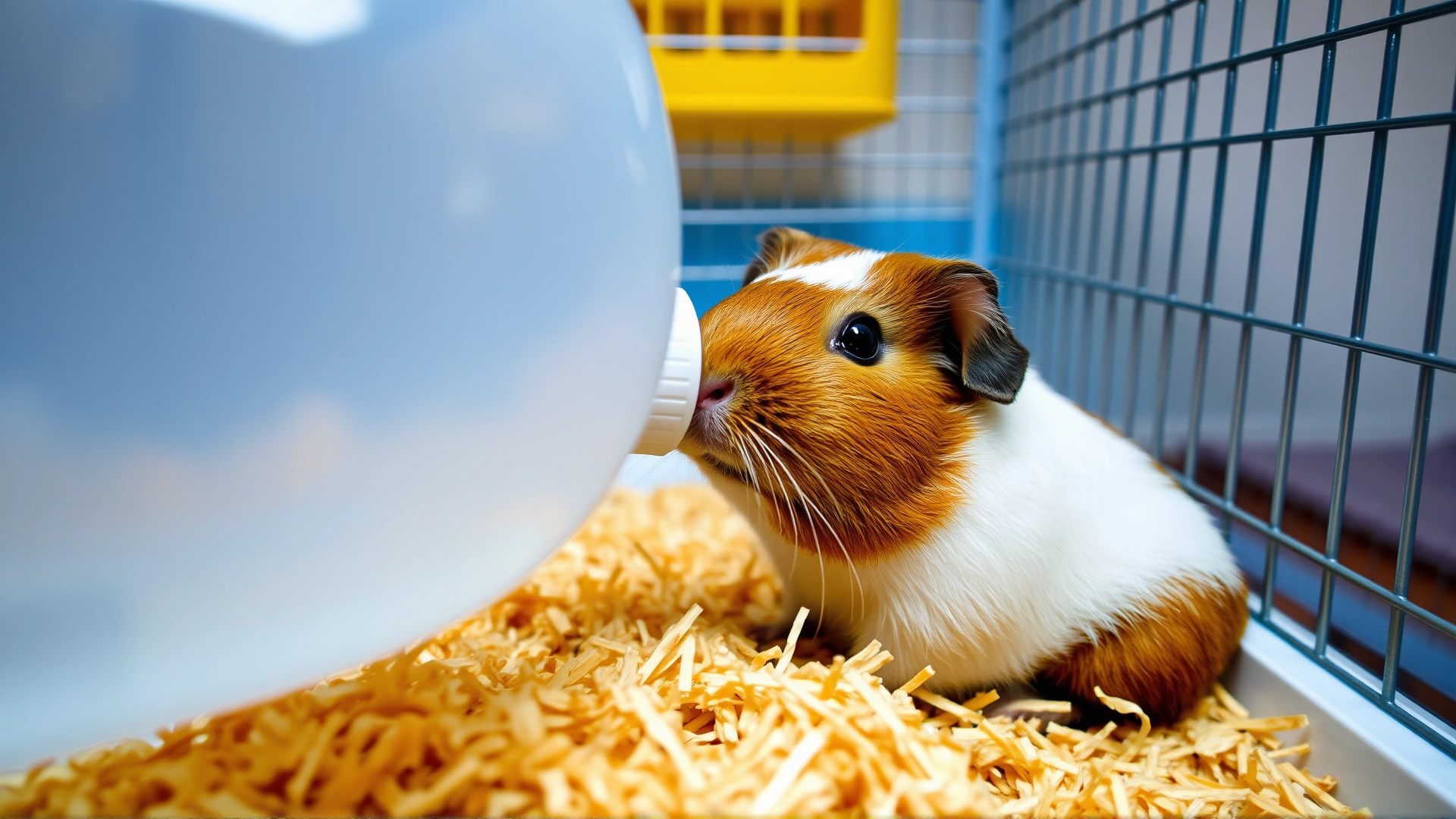 Photo of a guinea pig drinking from a water bottle in a clean cage with fresh bedding