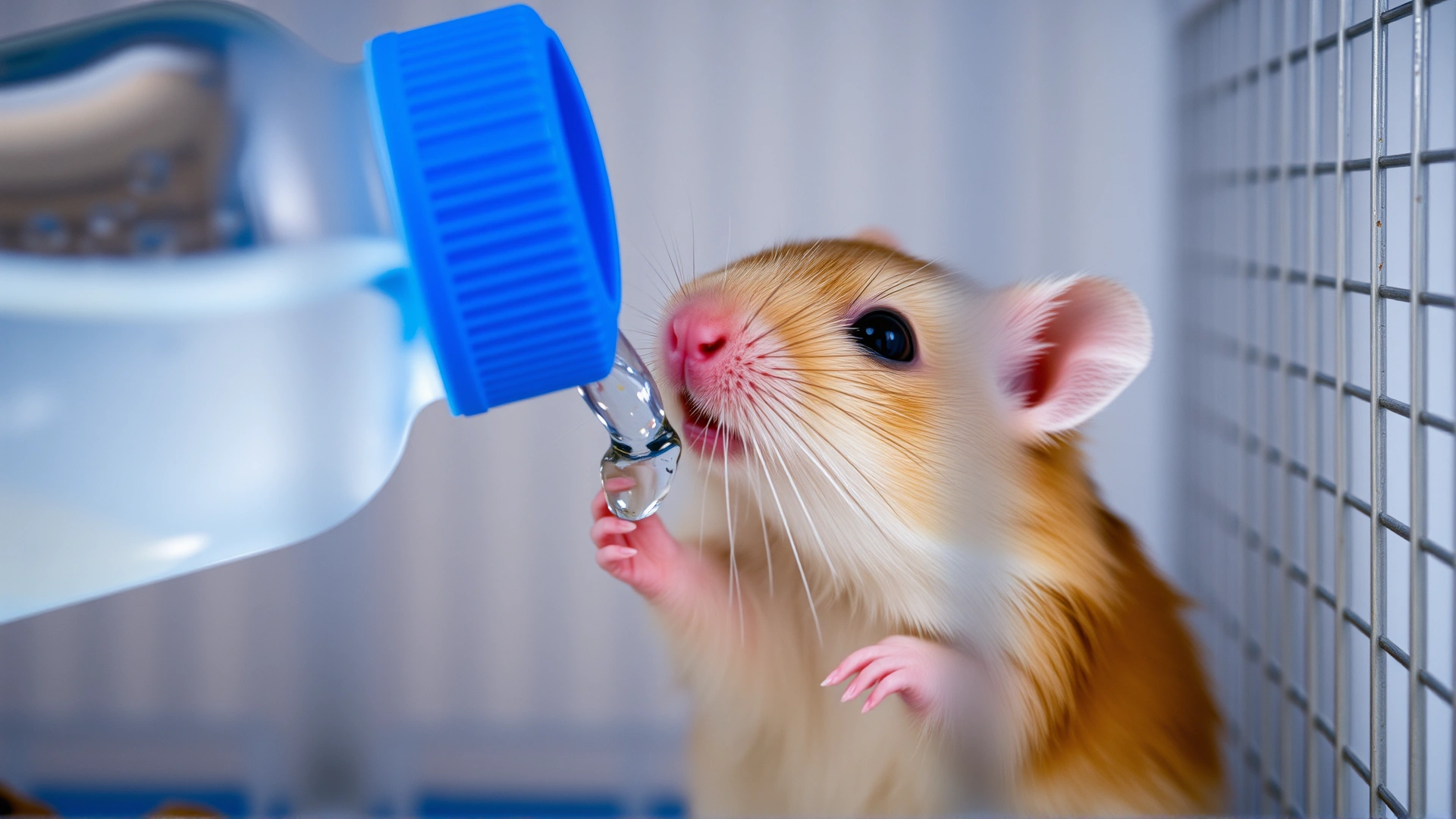 Close-up of a hamster drinking water from a bottle inside a clean cage, emphasizing hydration and supportive care.
