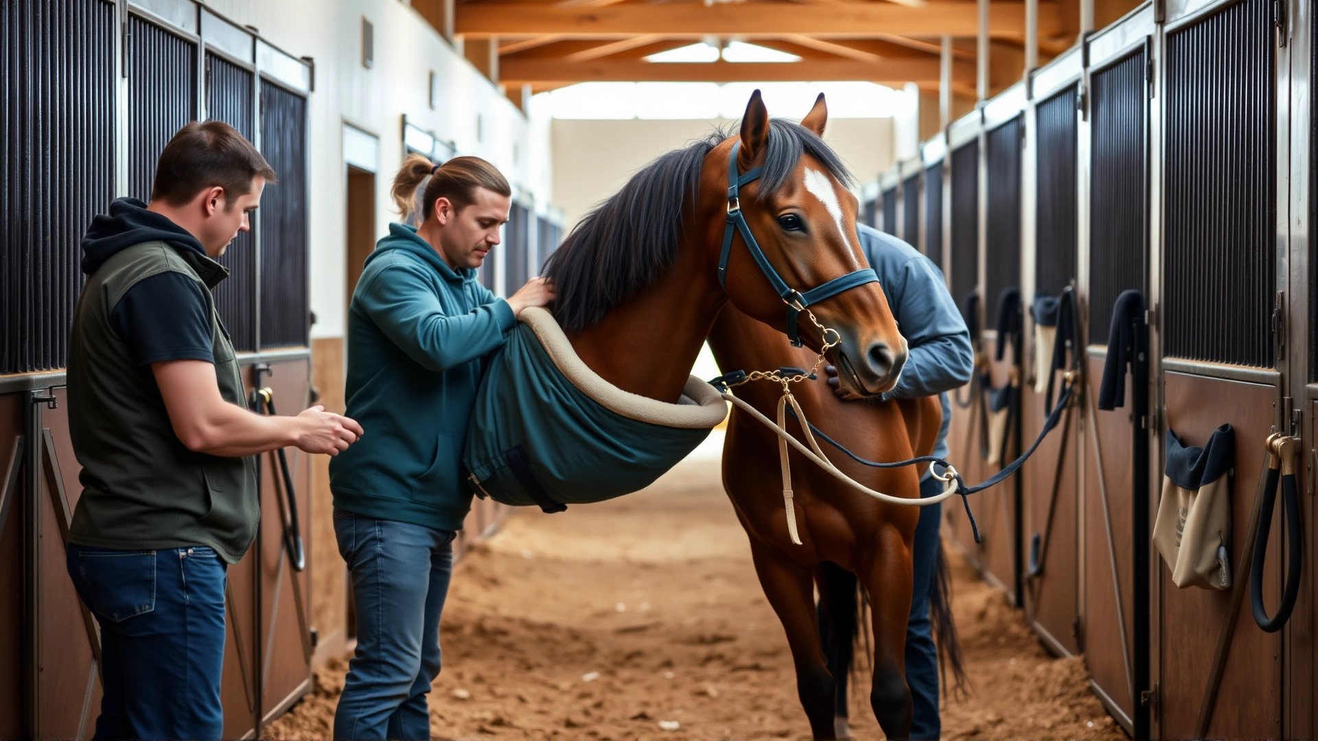 Photo of two caretakers using a padded sling to help a horse stand, showcasing supportive care equipment in a barn aisle. No text.