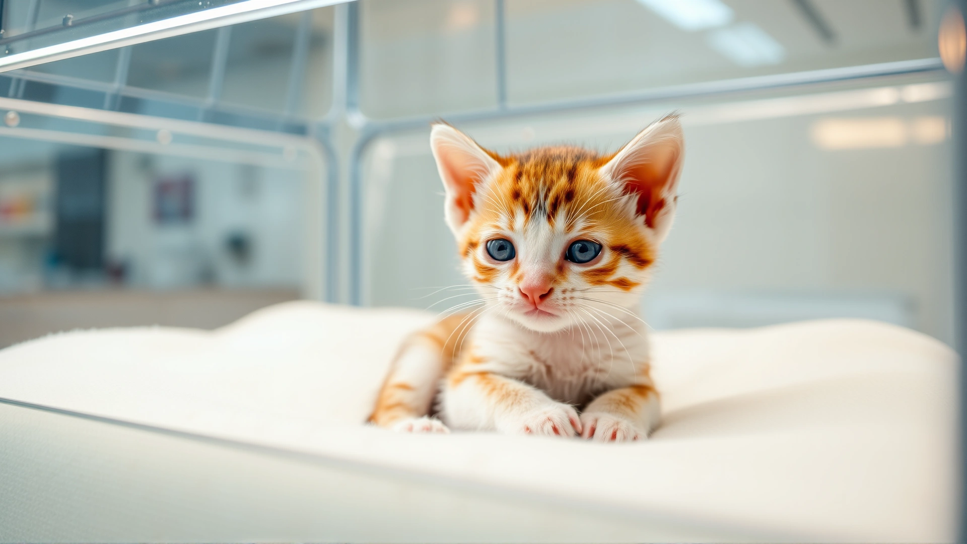 Newborn kitten inside a transparent incubator with warming lights and soft bedding at a veterinary clinic
