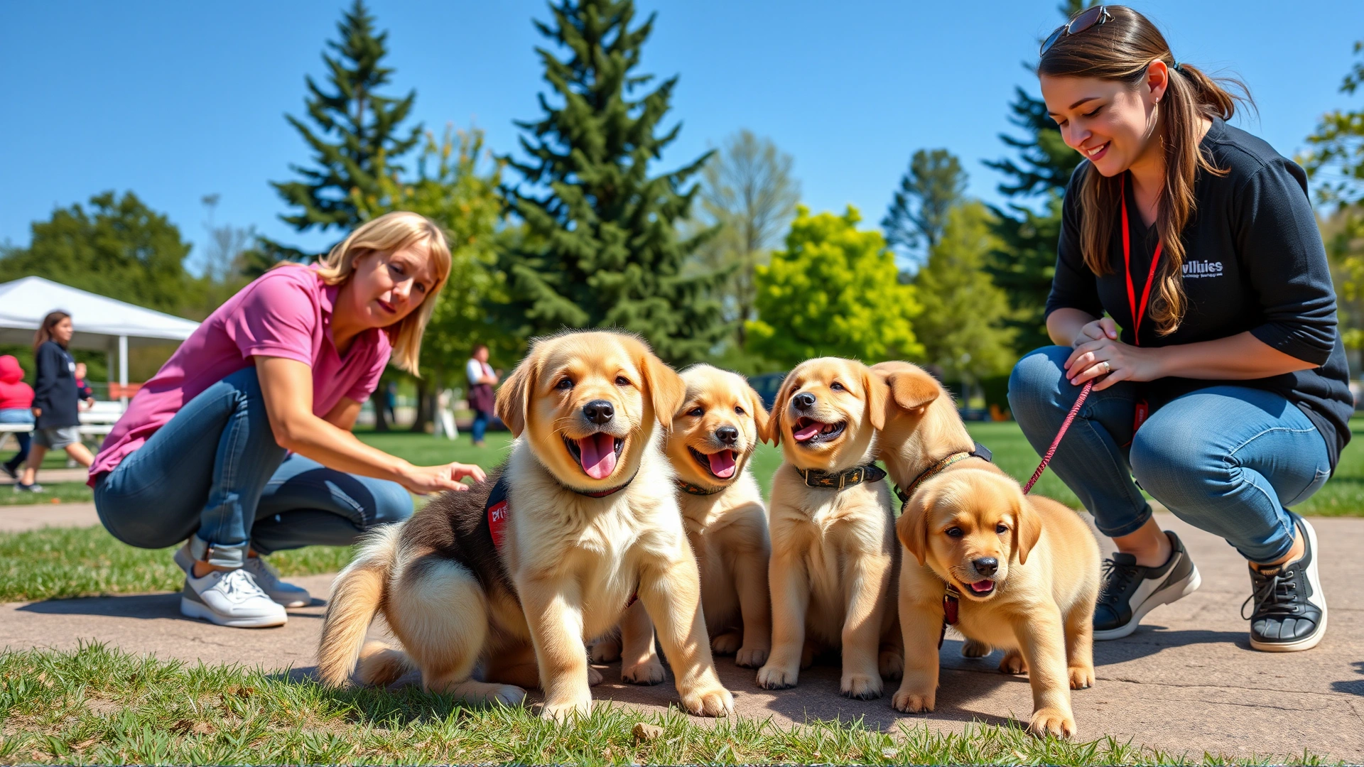 Group of volunteers training young service dog puppies in a sunny park, playful yet focused atmosphere.