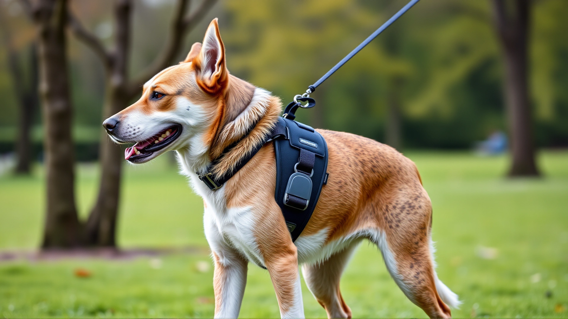 Dog wearing a supportive back brace harness while walking in a green park