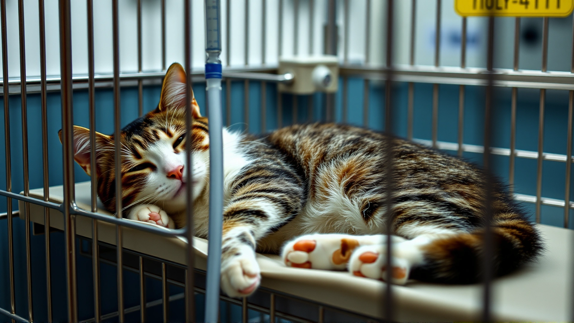 Cat resting comfortably in a veterinary clinic cage receiving intravenous fluids, with soft light and a calm atmosphere.