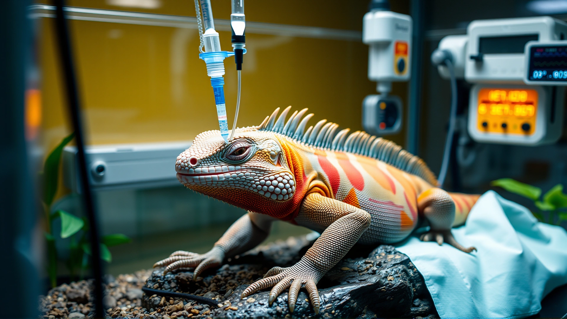 Ill iguana inside a hospital terrarium receiving fluid therapy via catheter; warm lighting and monitoring equipment present