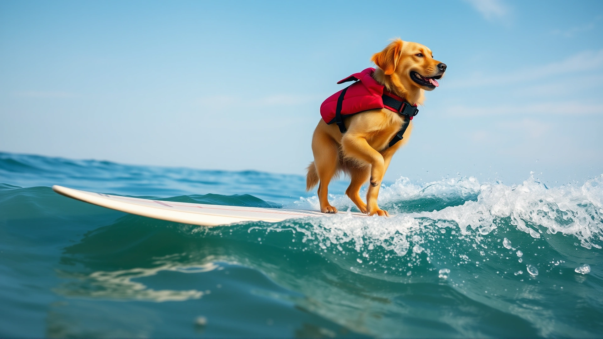 Golden retriever wearing a red life jacket balancing confidently on a surfboard riding a gentle ocean wave.