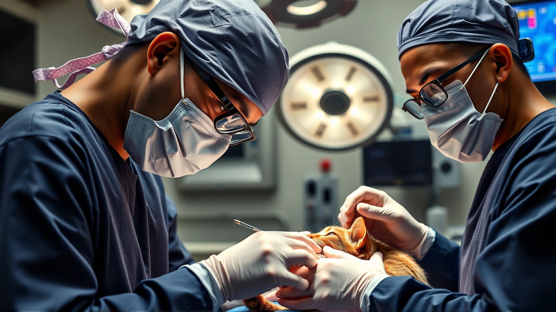 Operating room scene with a veterinary surgeon in scrubs performing delicate eye surgery on a cat, sterile environment, no text