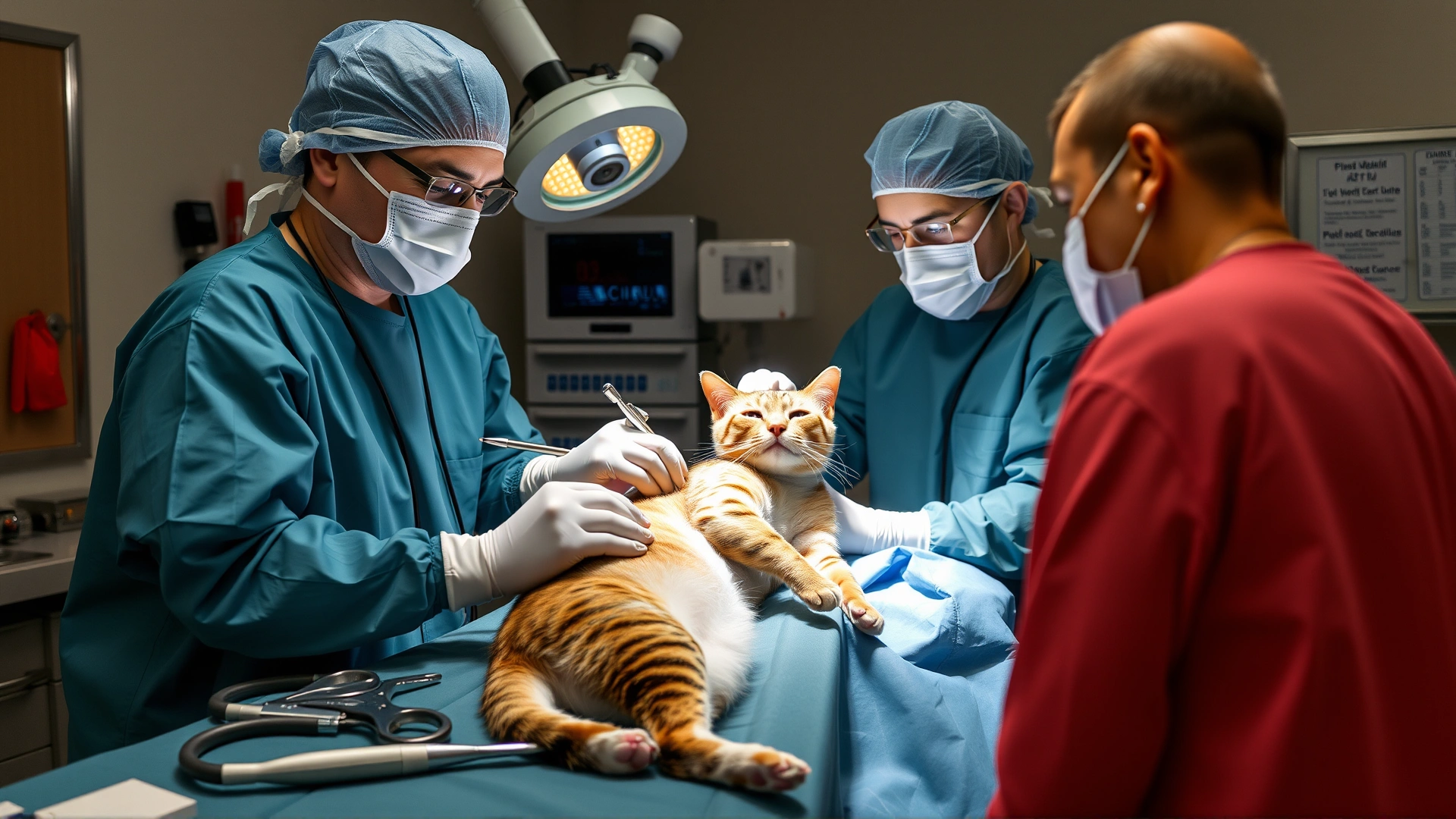 Veterinary surgical team performing thoracic surgery on a sedated cat, operating theater setting, sterile instruments visible; no text