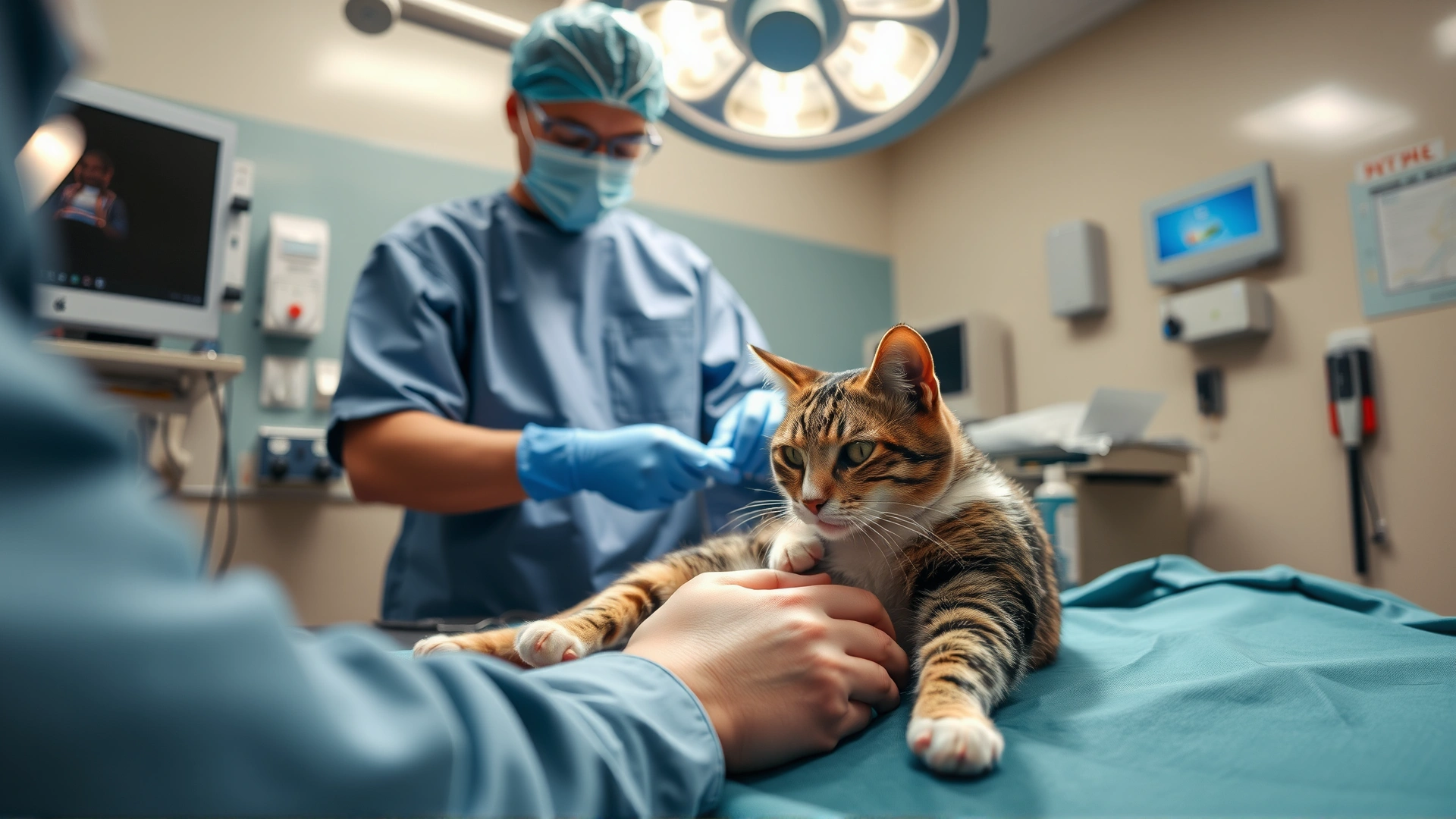A sterile veterinary operating room scene showing a surgeon preparing a cat patient for limb amputation; no visible blood, professional atmosphere.