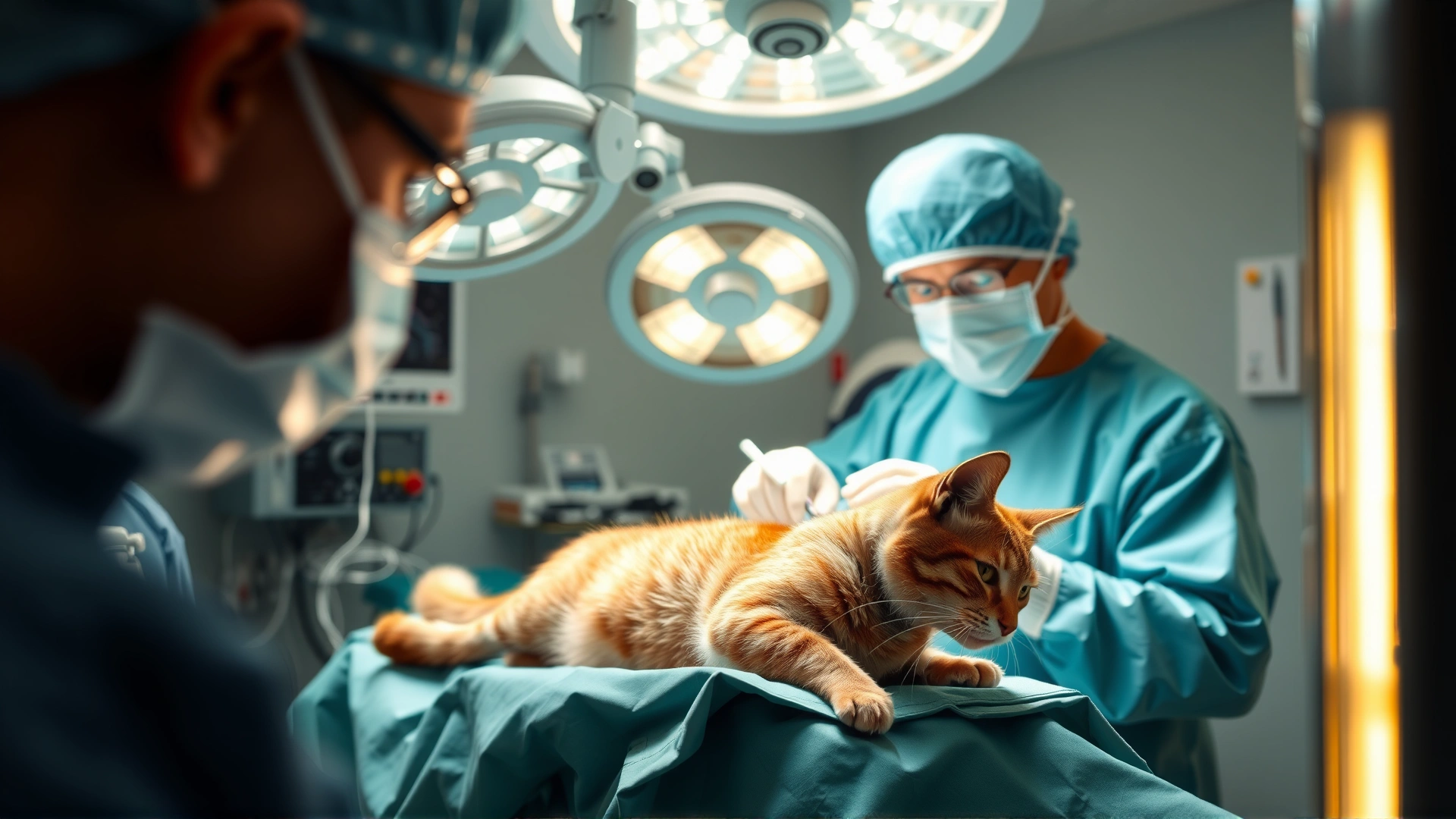 Sterile veterinary operating room showing a surgeon performing spinal surgery on a cat, focus on patient and surgical field, no text.