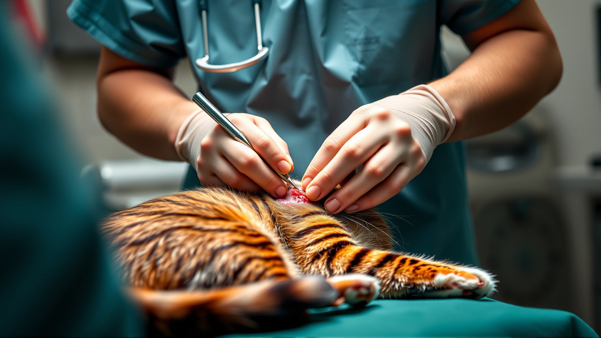 Veterinary surgeon in sterile scrubs performing soft-tissue surgery on an anesthetized cat in an operating room, focus on hands and surgical site.