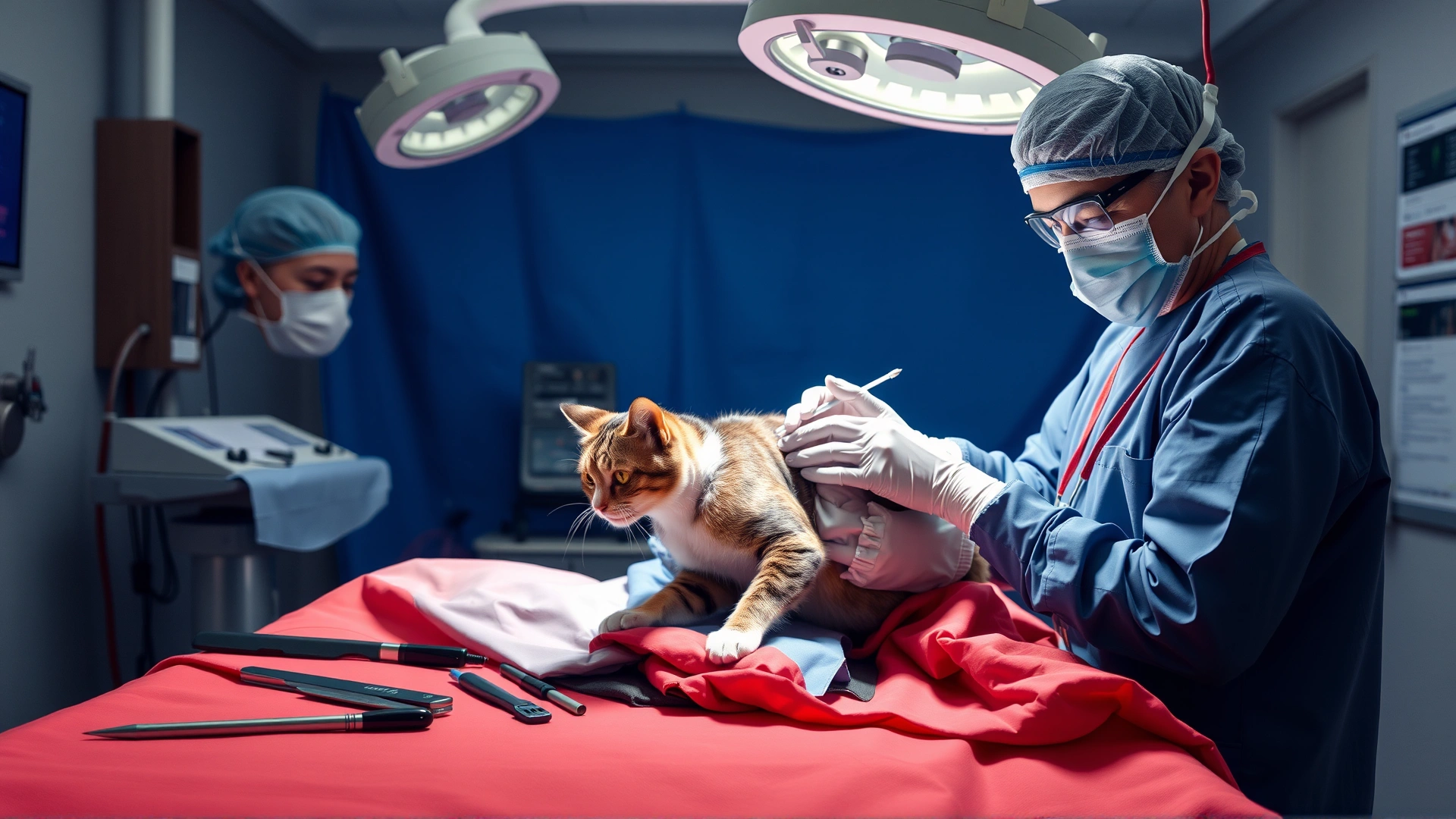 Sterile operating room scene where a veterinary surgeon performs thoracic surgery on a cat.