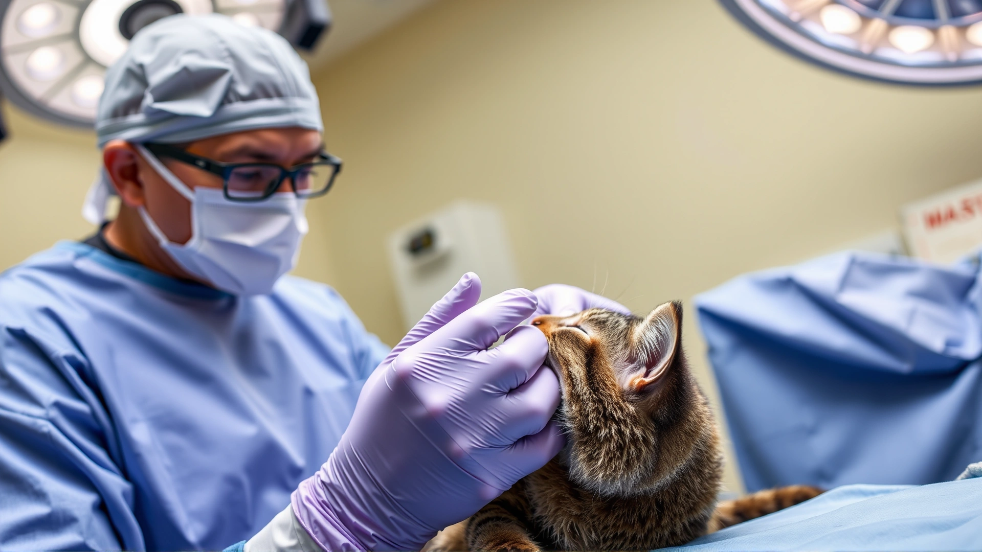 Photo of a veterinary surgeon wearing surgical gloves preparing a cat for a minor lump removal surgery in an operating room.