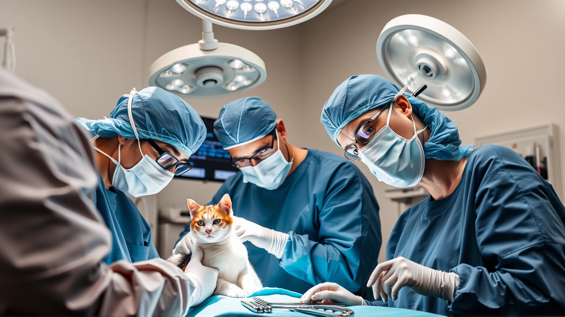 Veterinary surgical team in scrubs operating on a cat with surgical lights overhead and sterile instruments in view