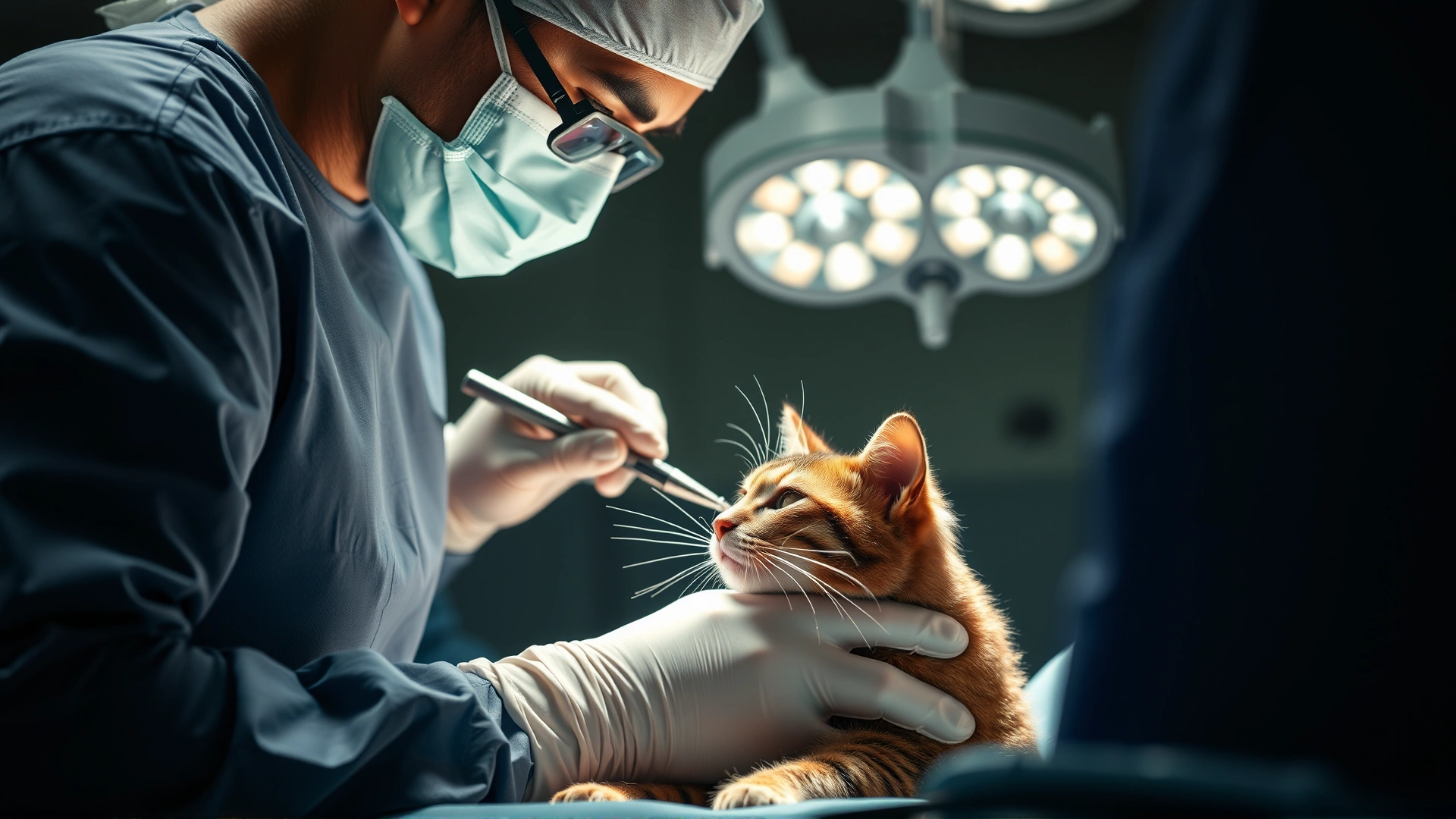 Action shot of a veterinary surgeon in sterile attire performing surgery on a cat, focusing on the surgical field and instruments, no identifiable text or logos.