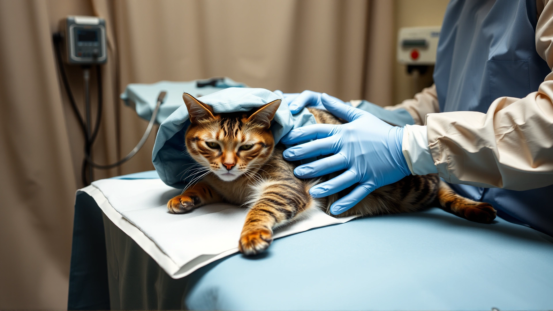 Operating room scene with a covered cat on the table, surgeon’s gloved hands visible performing a procedure, instruments and drapes in neutral colors.
