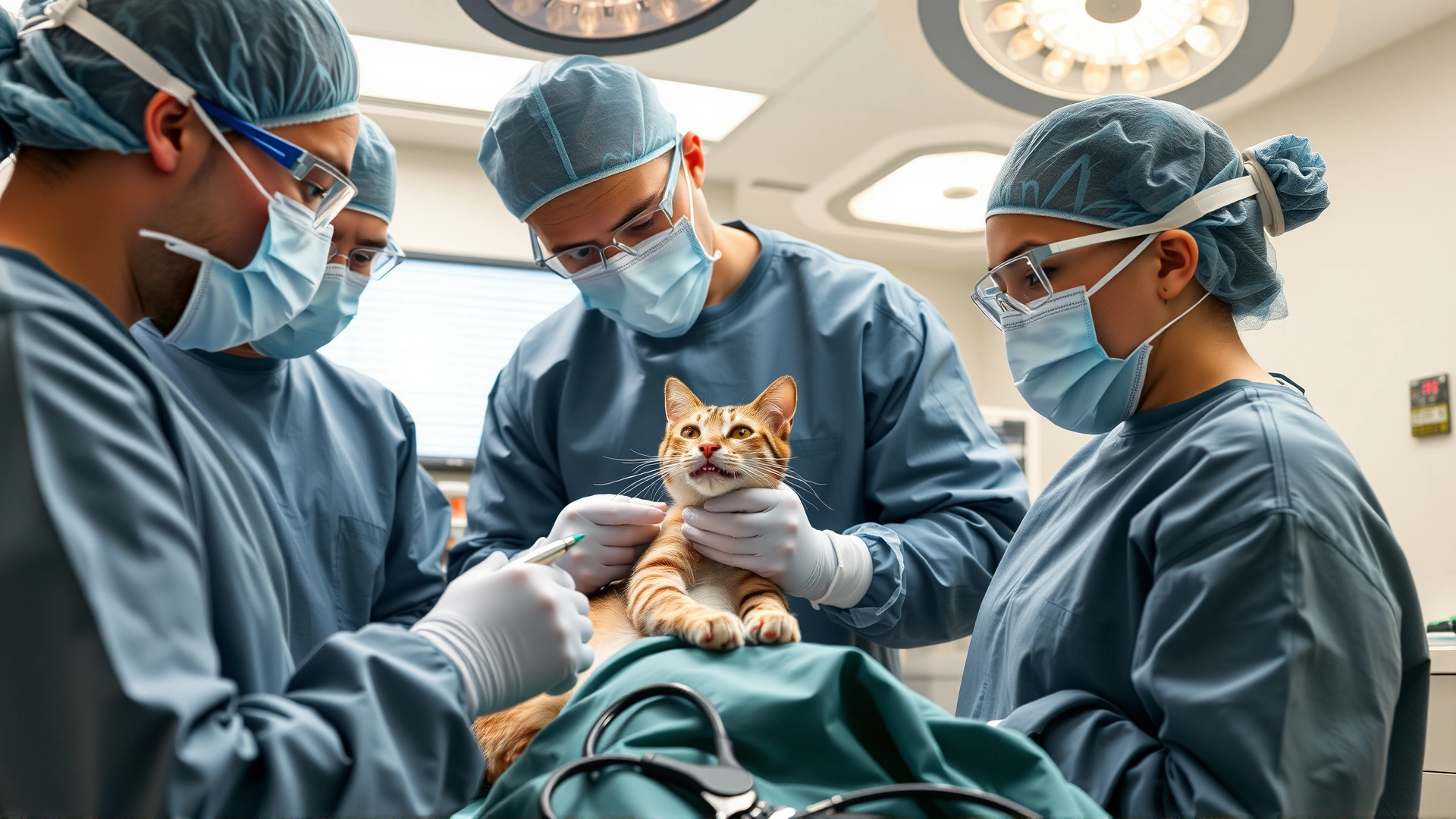 Veterinary surgical team performing oral surgery on a cat under anesthesia, sterile operating room environment, instruments visible but no text.