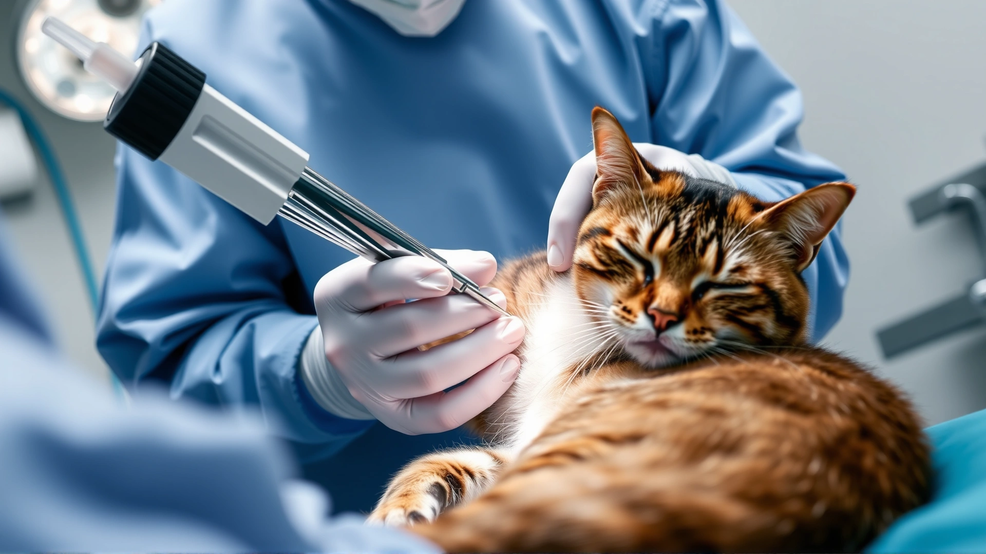 Sterile veterinary operating room scene with a surgeon making a small incision near the scrotum of an anesthetized cat, no text