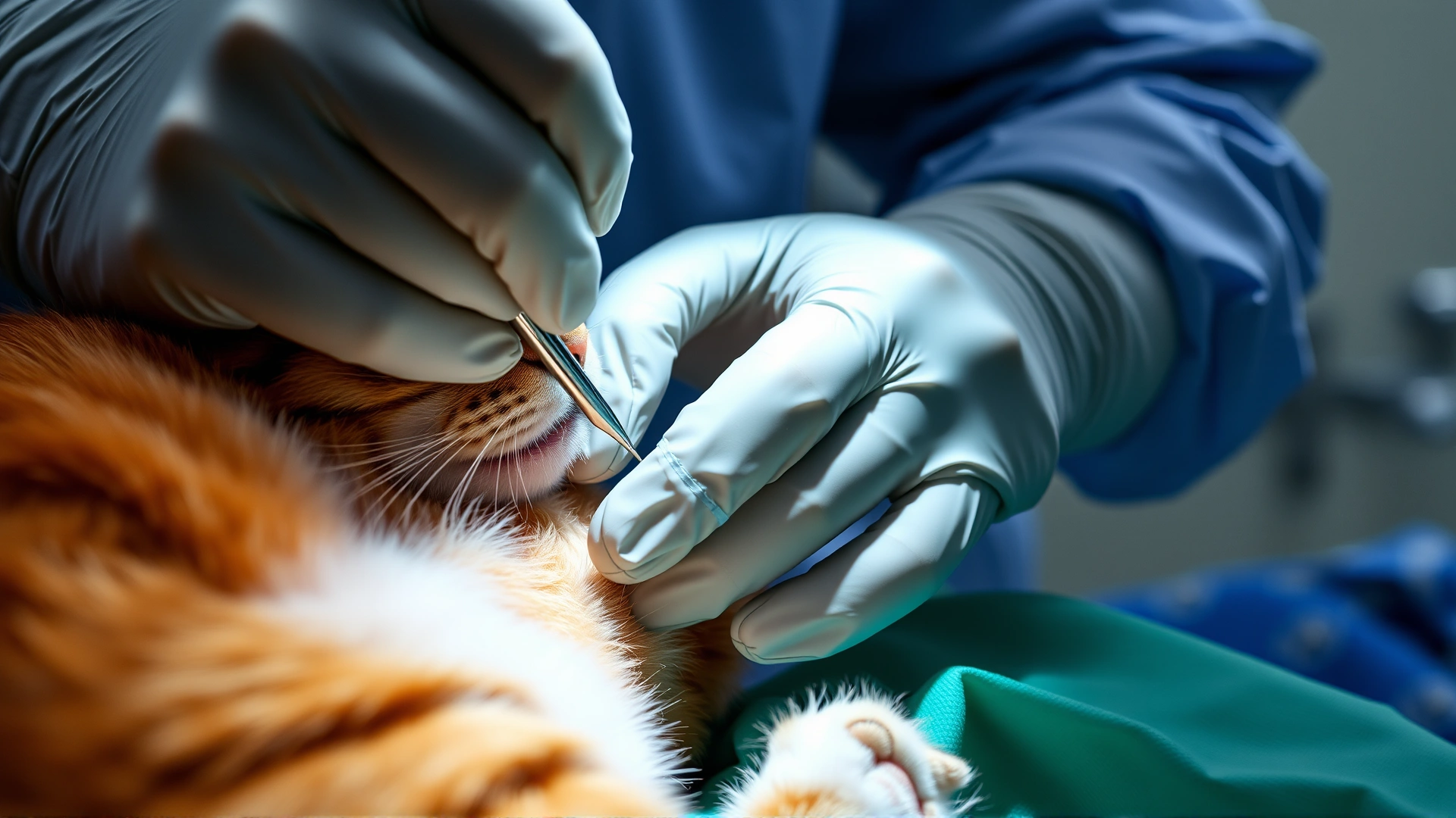 Close-up shot of gloved veterinary surgeon hands suturing a cat's abdomen during intestinal surgery inside an operating theater.
