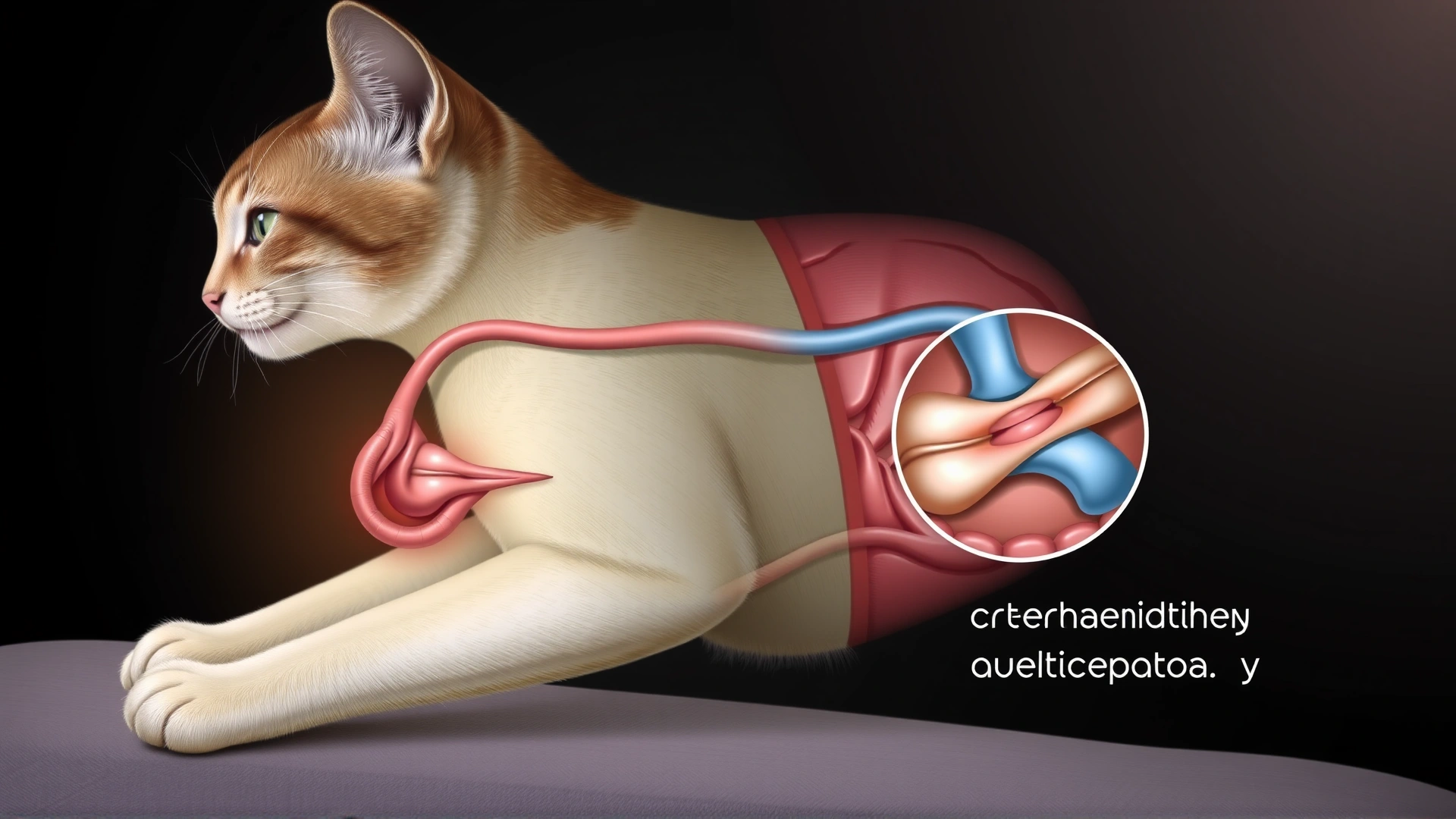 Digital illustration showing the anatomy of a cat’s urinary system highlighting the urethra and the surgical incision area for perineal urethrostomy, flat vector style, no text.