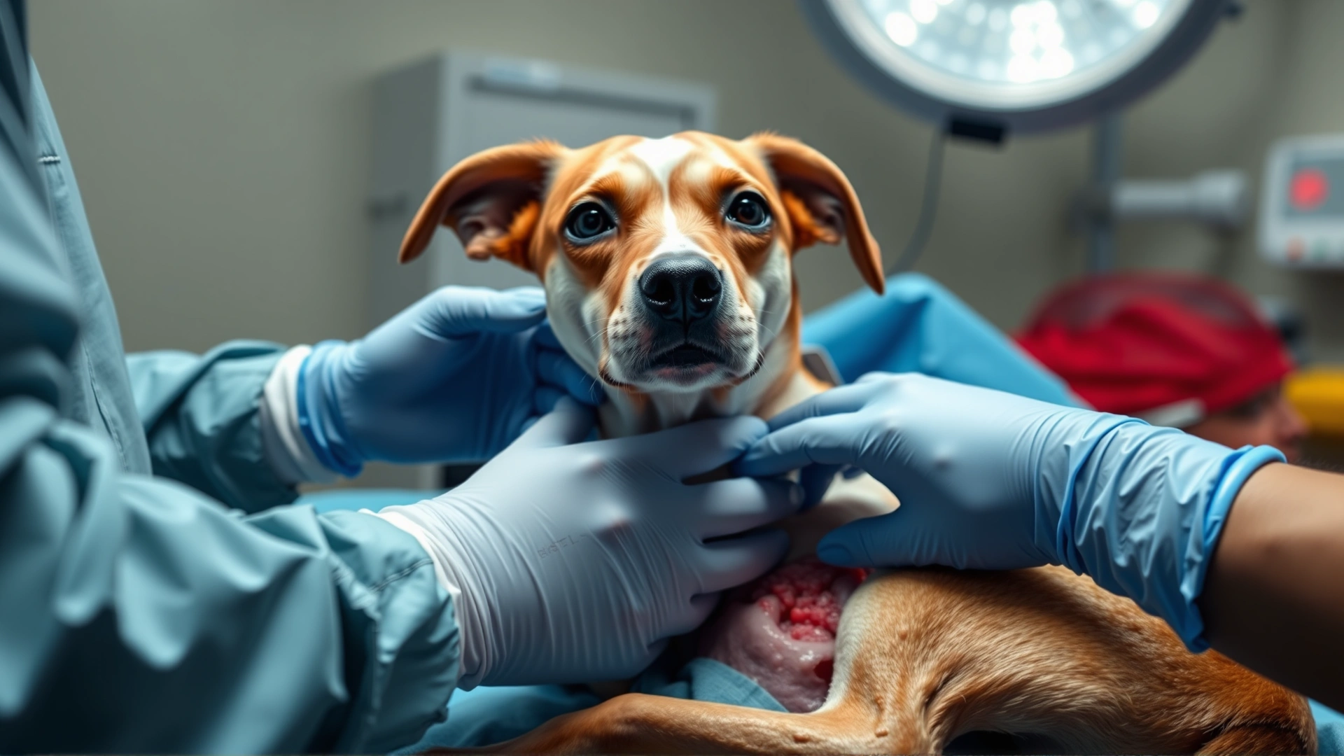 Operating room scene showing a sterile-draped dog with surgeons’ gloved hands visible, indicating surgical repair of inguinal hernia (no graphic details).