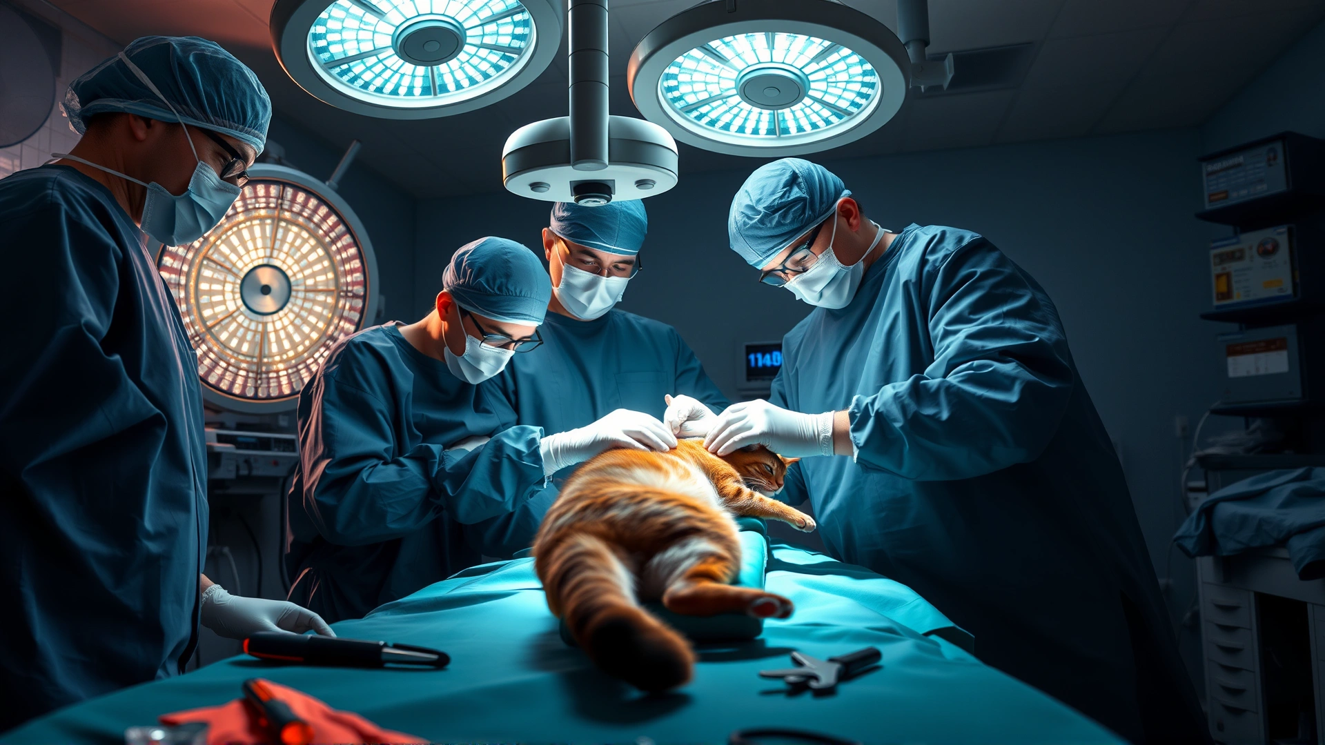 Operating room scene with veterinary surgeons performing abdominal surgery on a cat, sterile environment, no visible gore