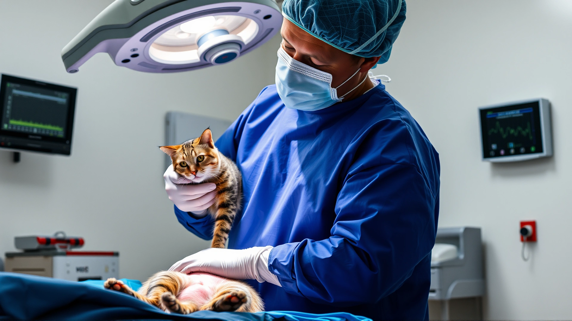 Sterile operating room scene where a veterinarian in surgical attire performs abdominal surgery on a cat, focusing on the diaphragm area without visible text.