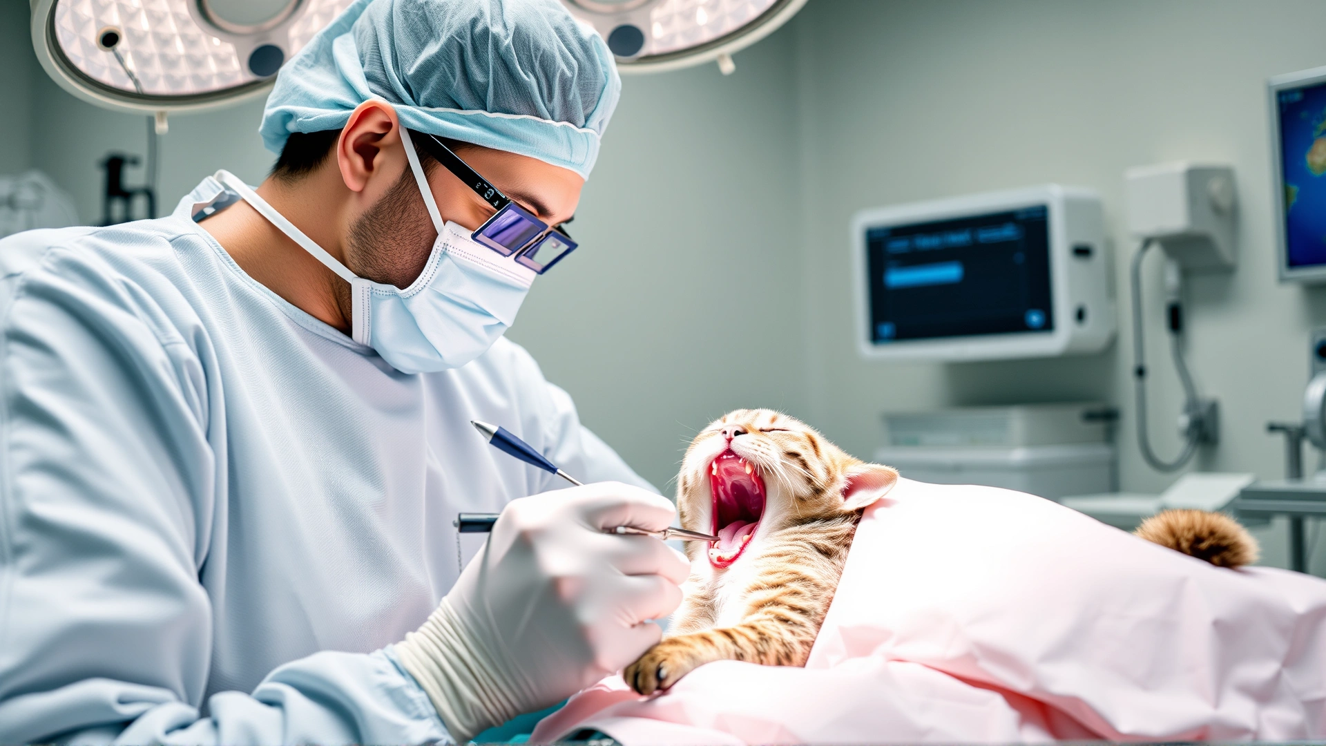 A sterile operating room scene showing a veterinarian performing delicate esophageal surgery on a cat, focus on surgical instruments and the cat’s covered body, no visible blood, professional lighting.