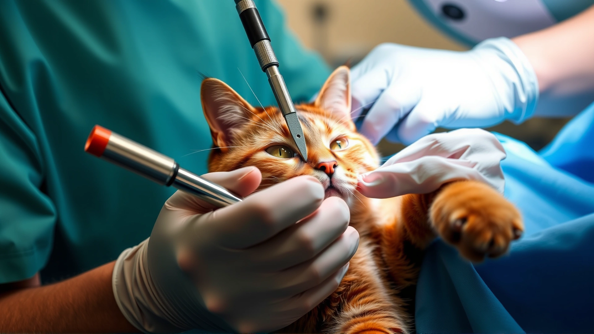 Veterinary surgeon performing ocular surgery on a sedated cat in a sterile operating room, focus on gloved hands and surgical instruments.