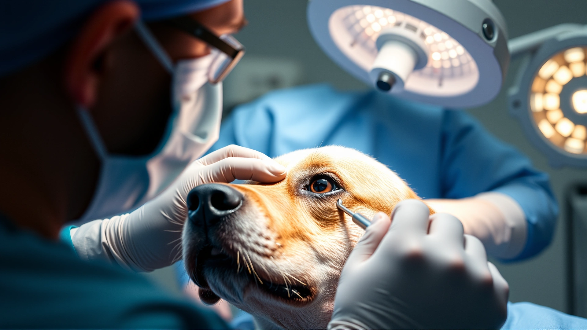 High-resolution photo taken in an operating theater showing a veterinary ophthalmologist performing cataract surgery on a sedated dog, surgical instruments visible.