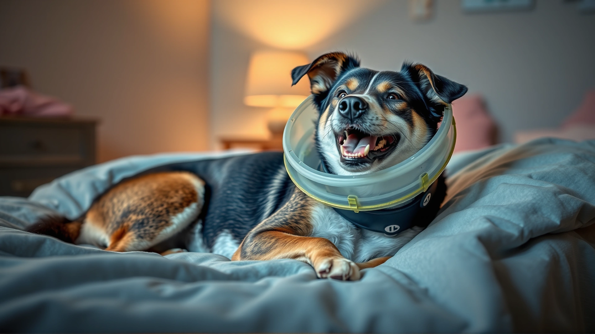 Happy mixed-breed dog wearing a protective e-collar resting on a cozy bed indoors, warm lighting, post-surgery care scene