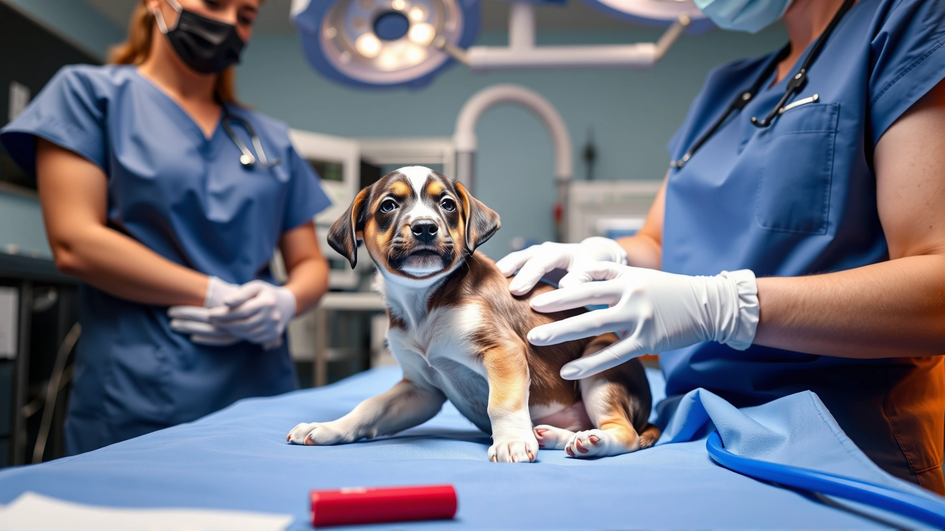 Operating room scene where a puppy is being prepped for surgery by veterinary staff wearing scrubs and gloves, equipment in background