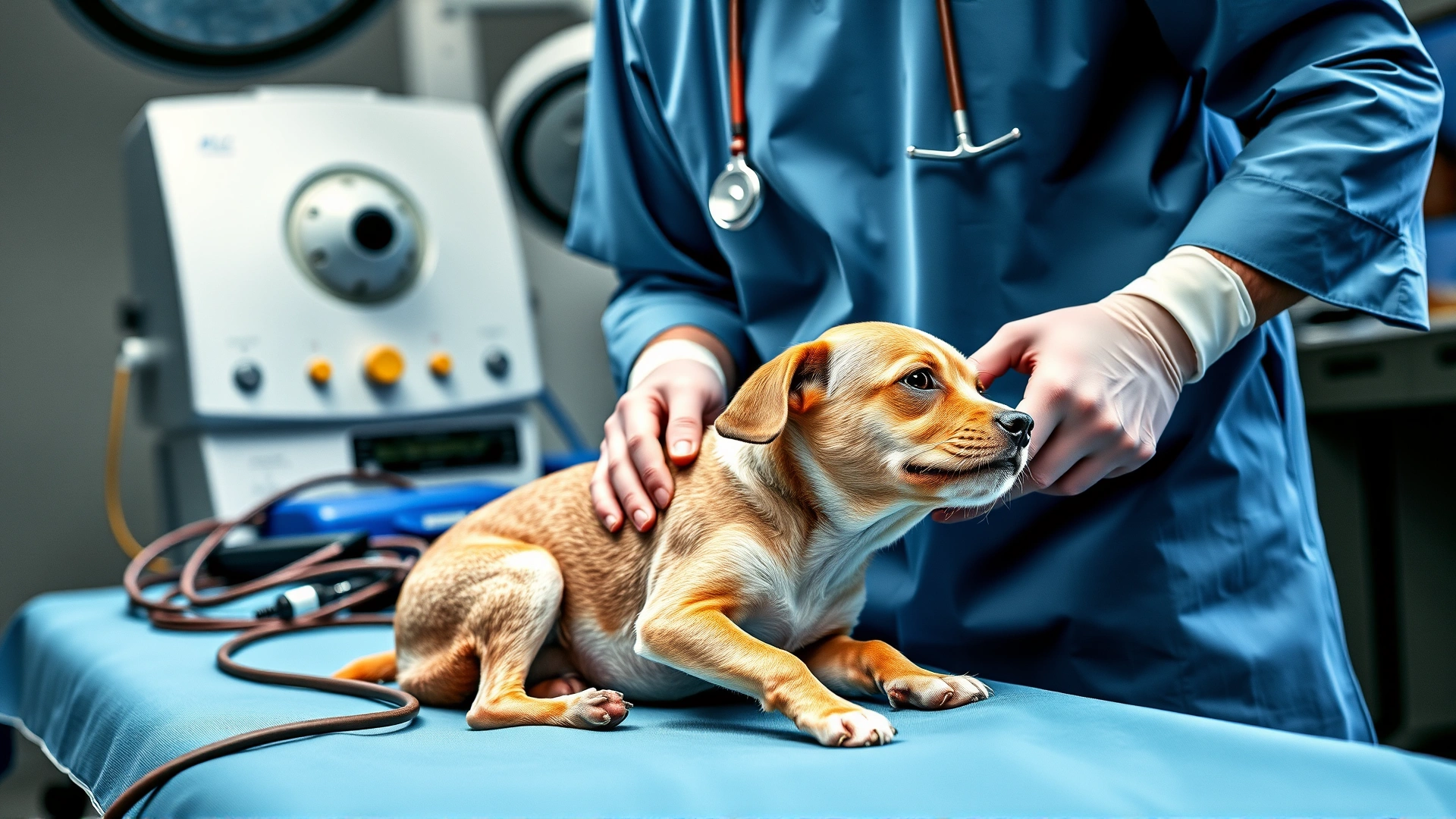 Veterinarian in surgical scrubs preparing a small dog on an operating table with anesthesia equipment visible, clinical setting, high resolution.