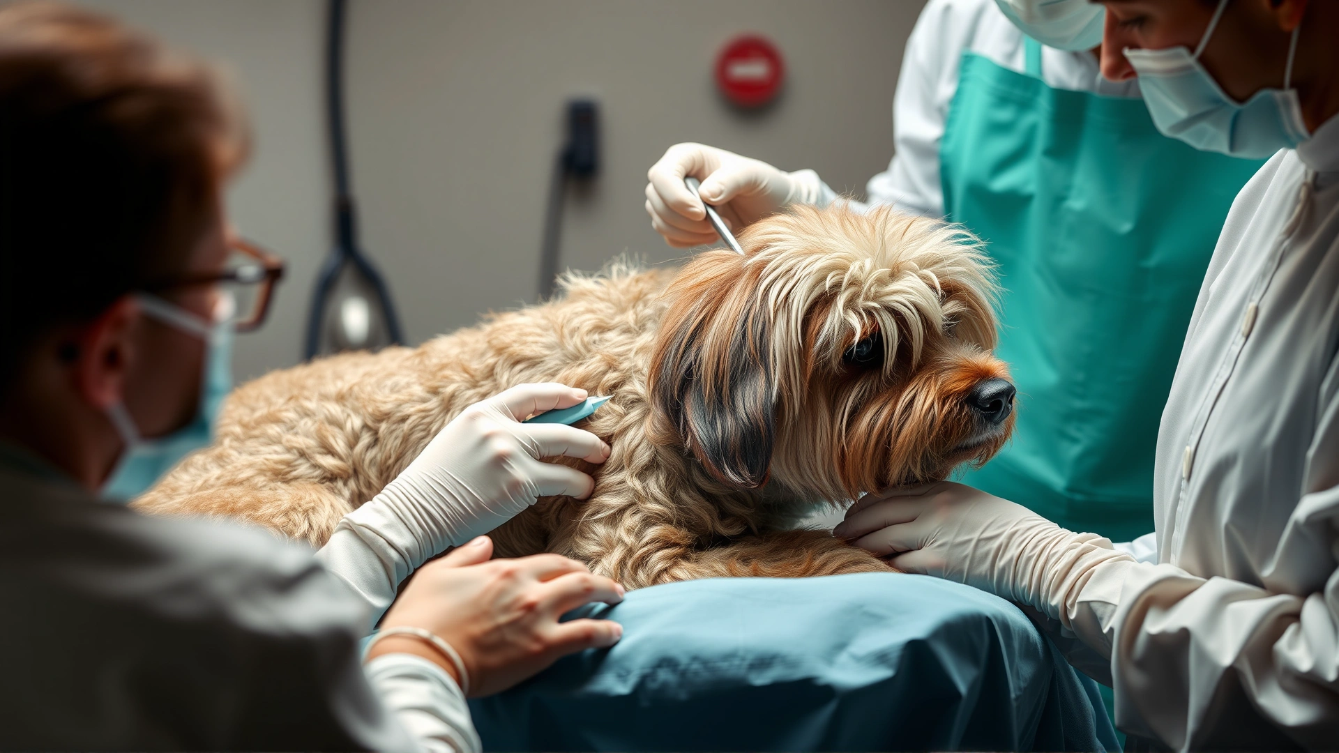 Veterinarian team preparing a medium-sized dog for surgery, clipping fur and cleaning surgical site
