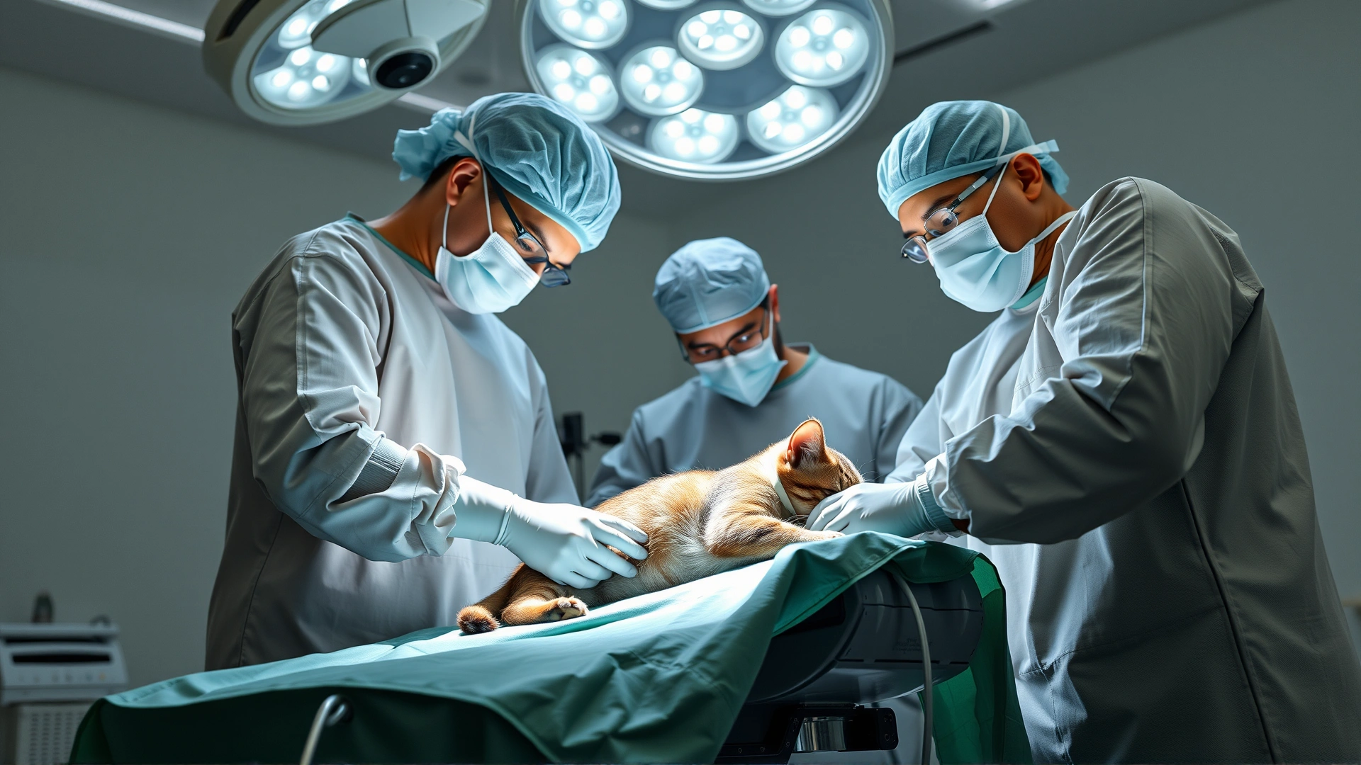 Surgical team in sterile attire preparing an anesthetized cat on an operating table under bright surgical lights
