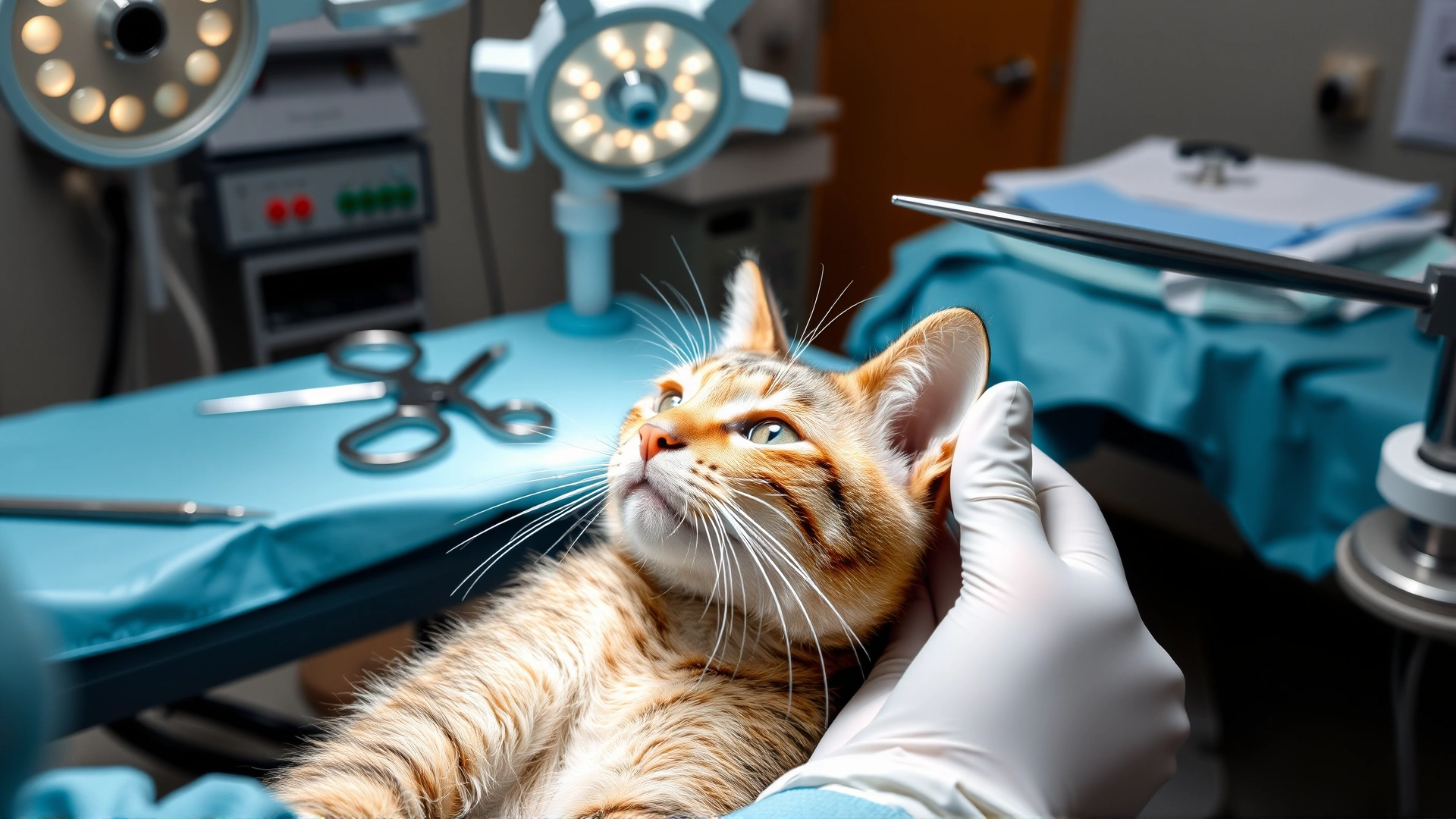 Sterile surgical table with veterinary instruments and a sedated cat prepared for eye surgery, focus on the eye area, no text