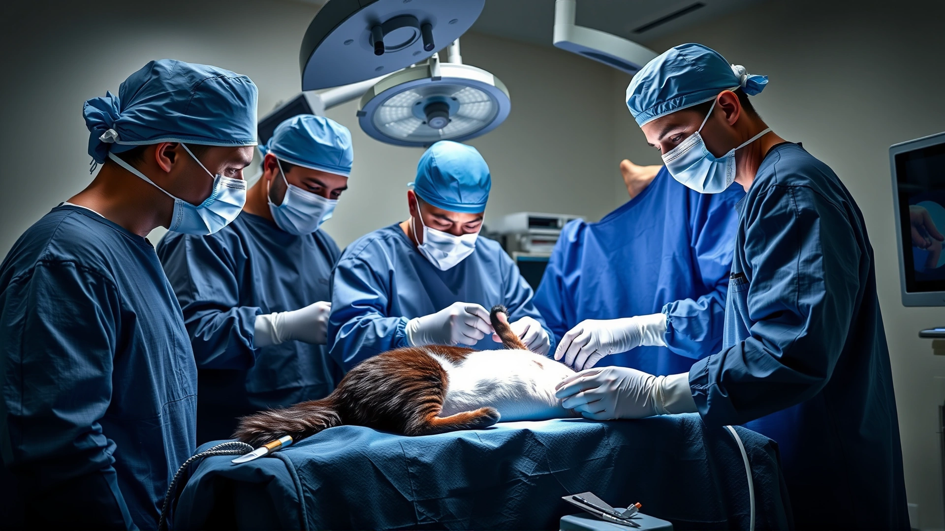 Surgical team in scrubs preparing a cat for abdominal surgery in a sterile operating room; emphasis on the surgical drapes and instruments; no text visible