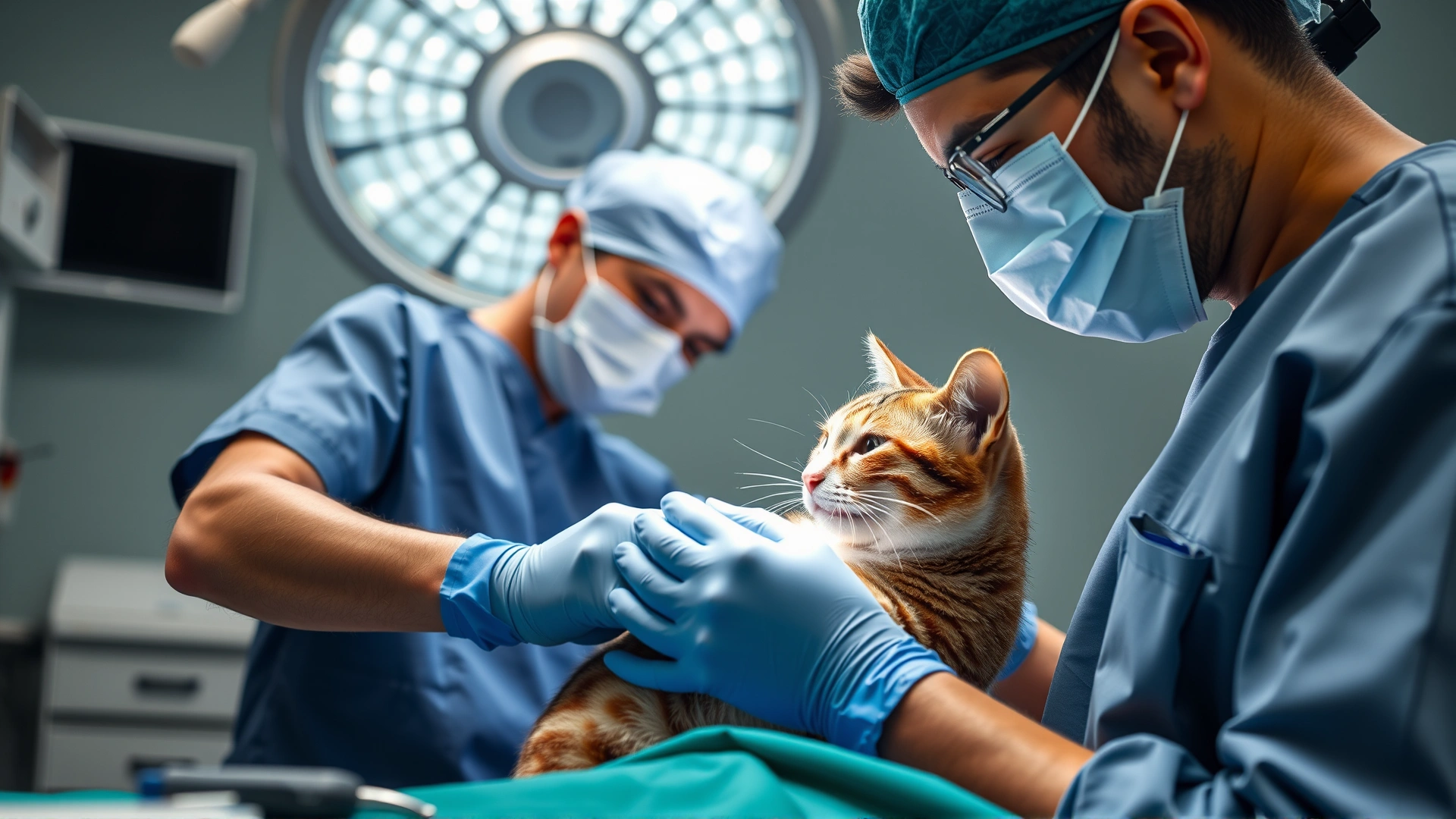 Veterinary surgeon in scrubs prepping a cat for orchiectomy surgery in an operating theater