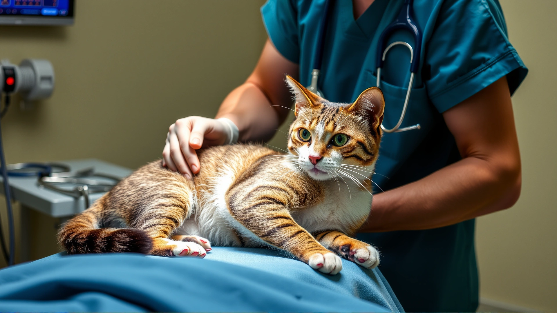 A veterinarian in scrubs preparing a cat for surgery on an operating table, with sterile instruments in view.