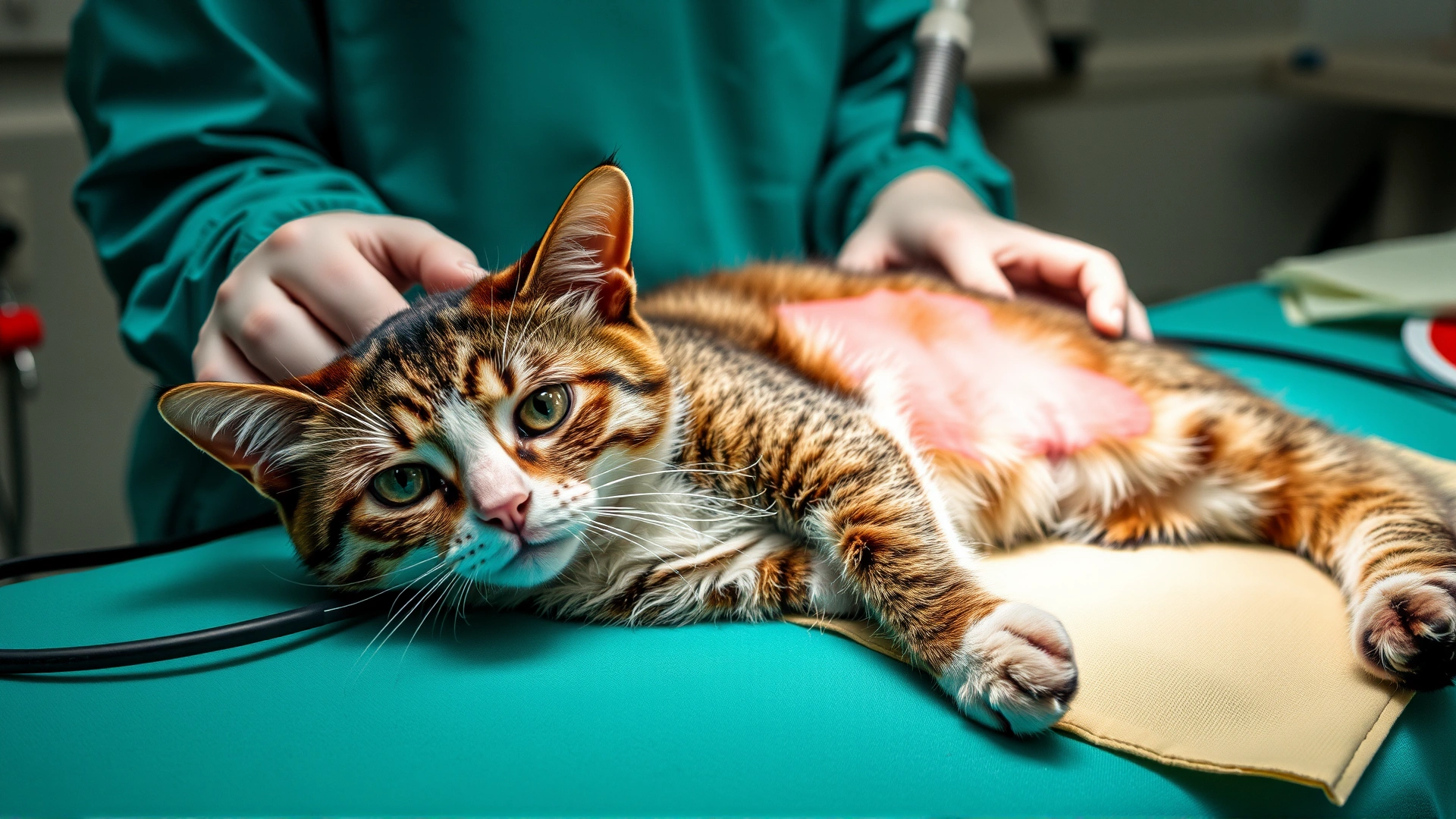 Cat lying on surgical table with shaved patch and monitoring equipment, vet preparing for skin tumor removal