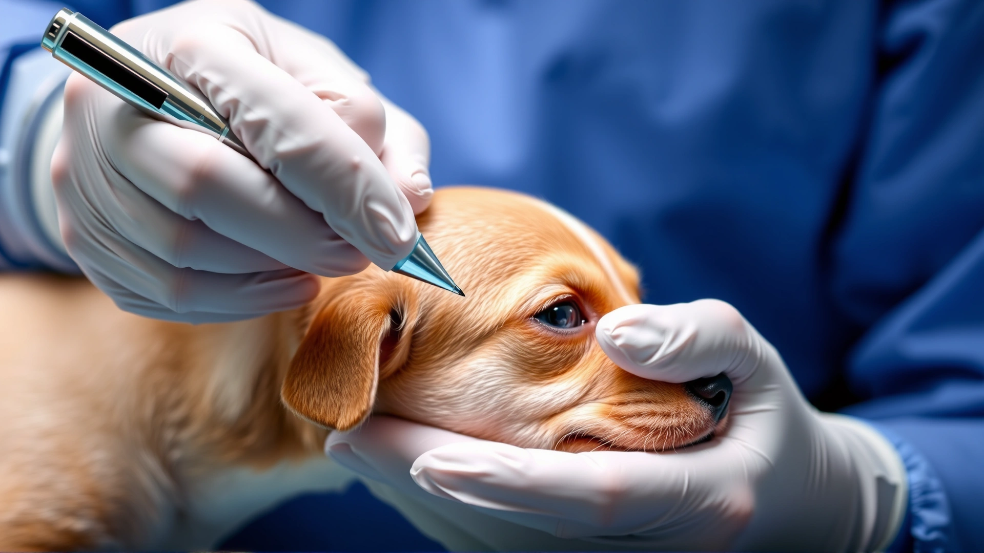 Close-up shot of a veterinary surgeon wearing gloves and marking a puppy's ear with a surgical pen before ear cropping procedure, sterile environment.
