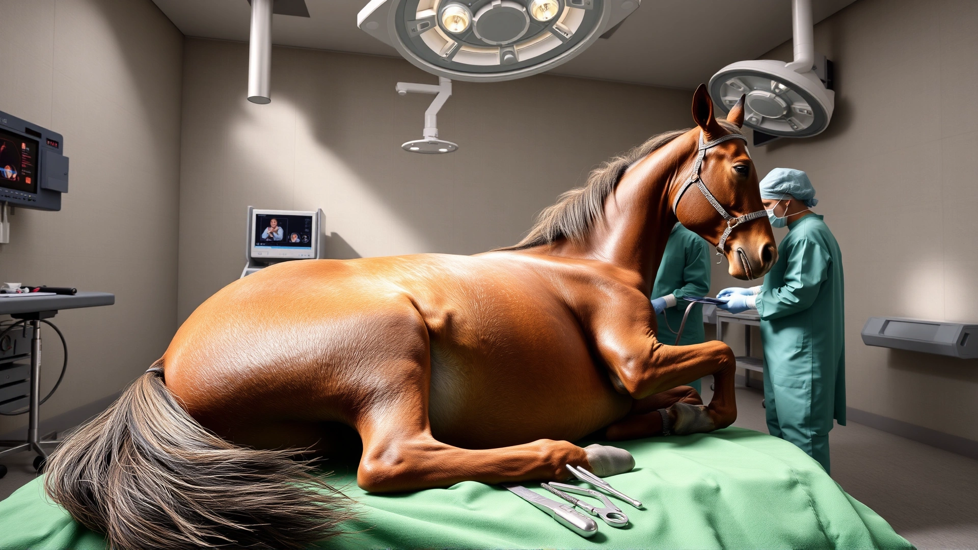 Equine operating room scene showing a sedated horse lying on its side with a surgical team preparing for laparoscopic cryptorchidism surgery.