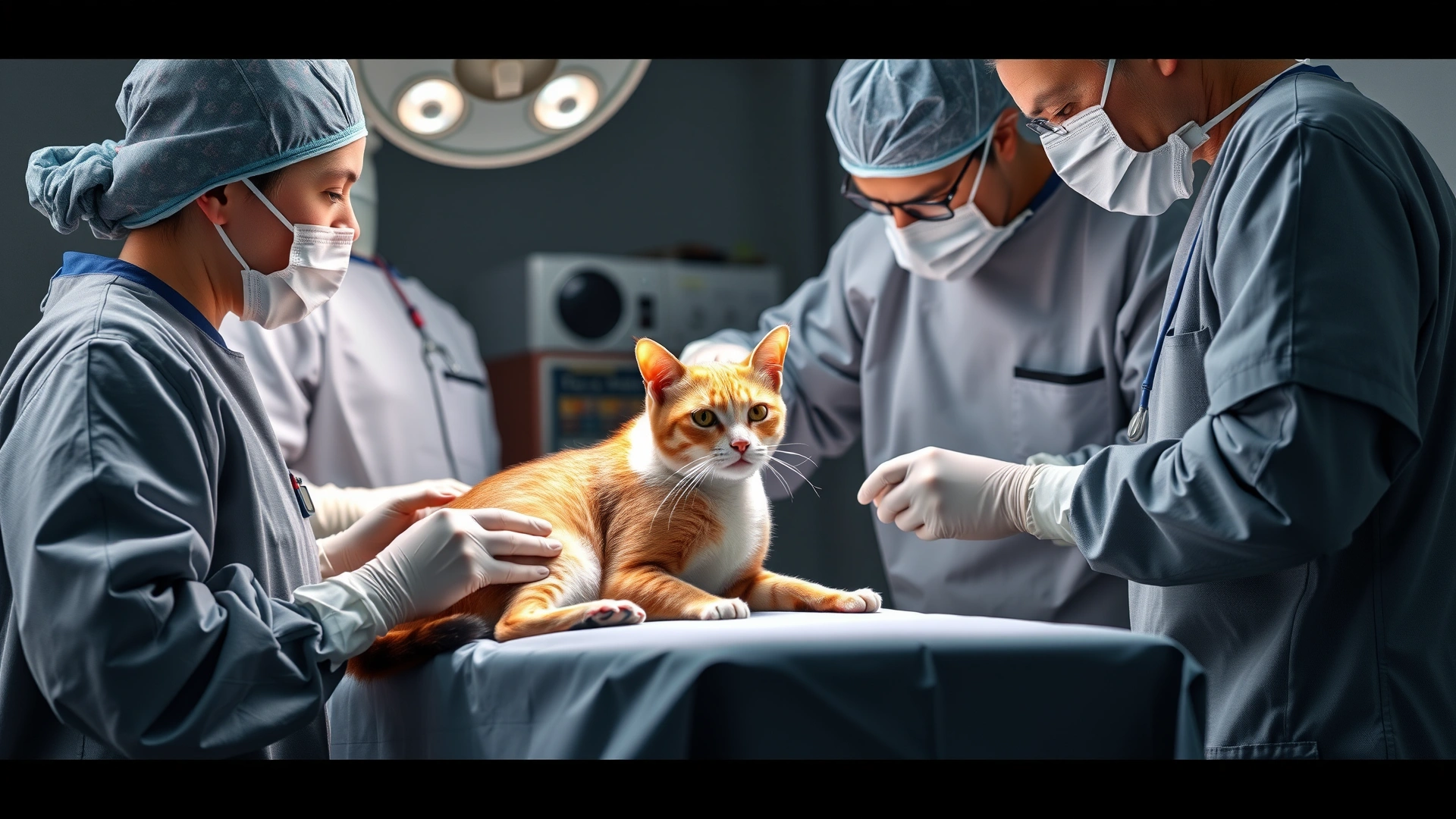 Surgical team in sterile attire preparing a cat for thyroid surgery on an operating table, no graphic detail, focus on professionalism and equipment.