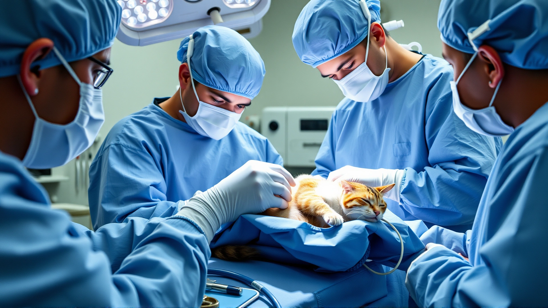 Operating room scene with veterinary surgeons performing adrenalectomy on a sedated cat, sterile blue drapes and instruments visible, no text.