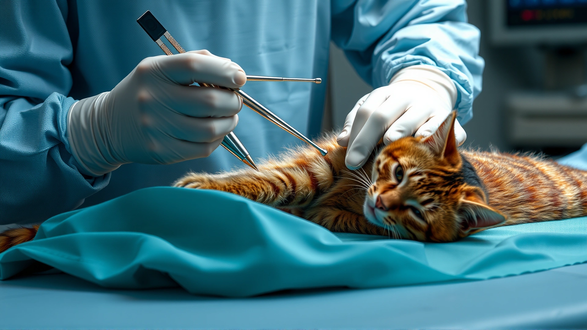 Operating room scene with a sedated cat on a sterile drape while a surgeon carefully excises a small skin mass with surgical instruments, no blood close-ups.