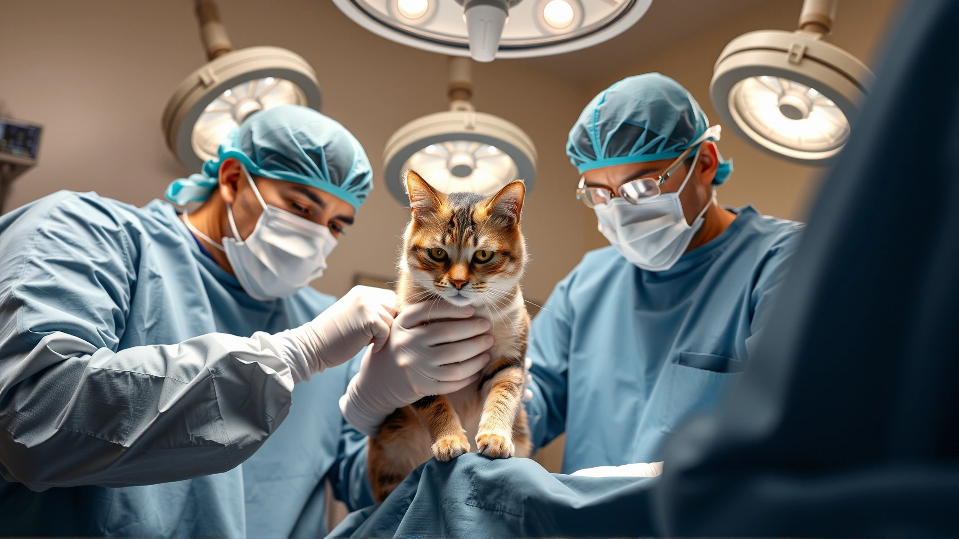 Veterinary surgeons in sterile gowns performing orthopedic surgery on a cat in an operating room