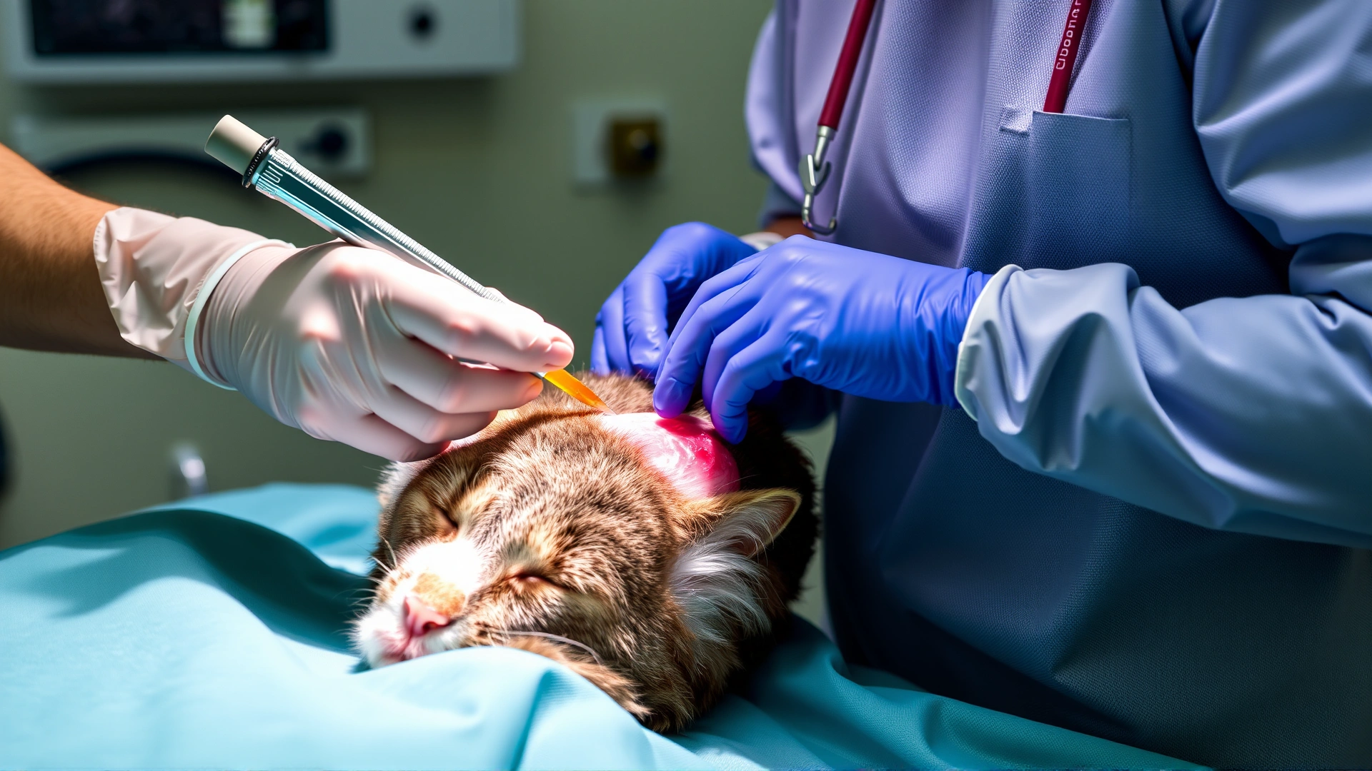 Sterile surgical scene showing a veterinarian in scrubs suturing the mammary area of an anesthetized cat
