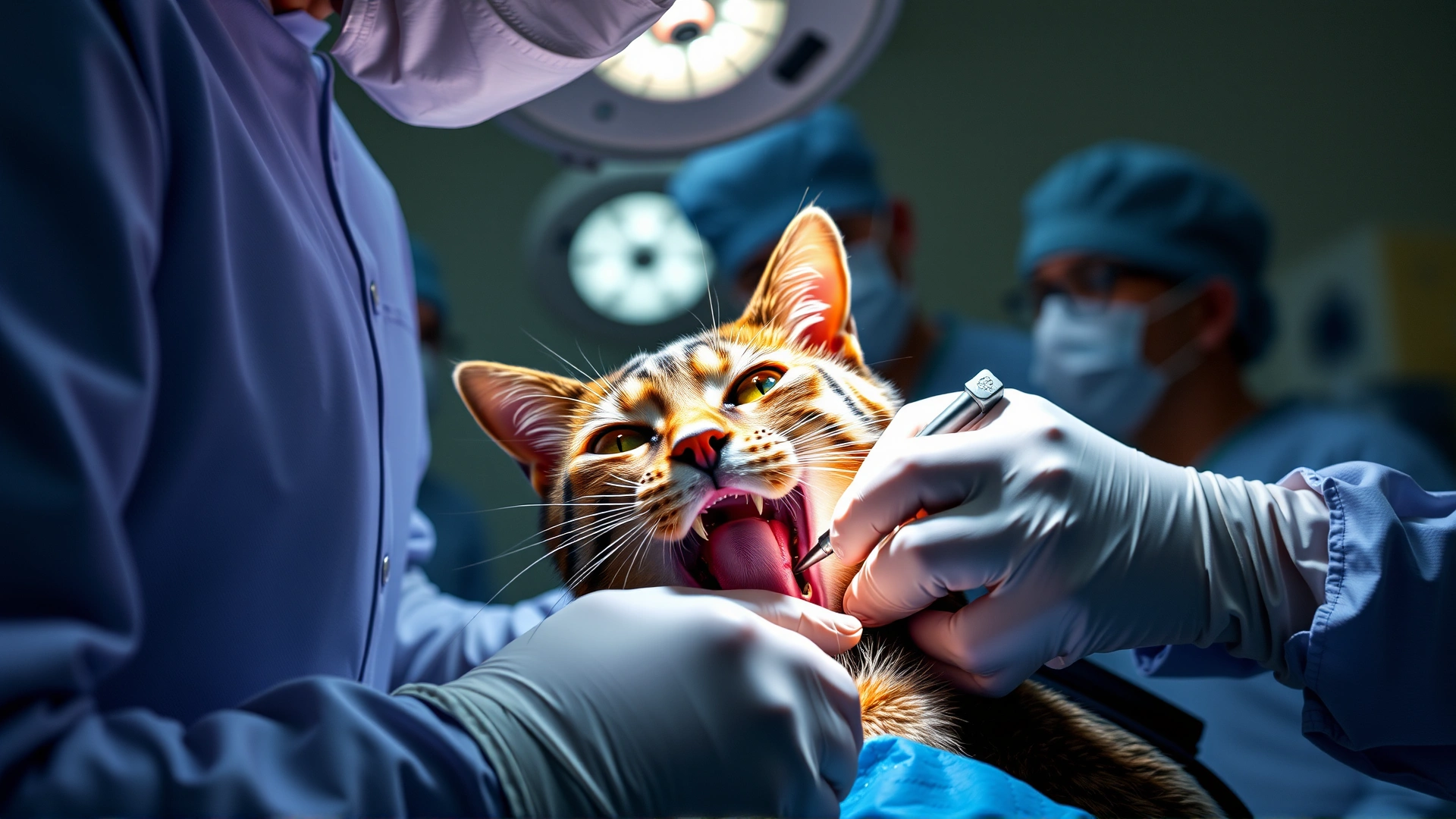 Veterinary surgeon in full sterile attire performing oral surgery on a cat under anesthesia, close-up on surgical site with assistants in background.
