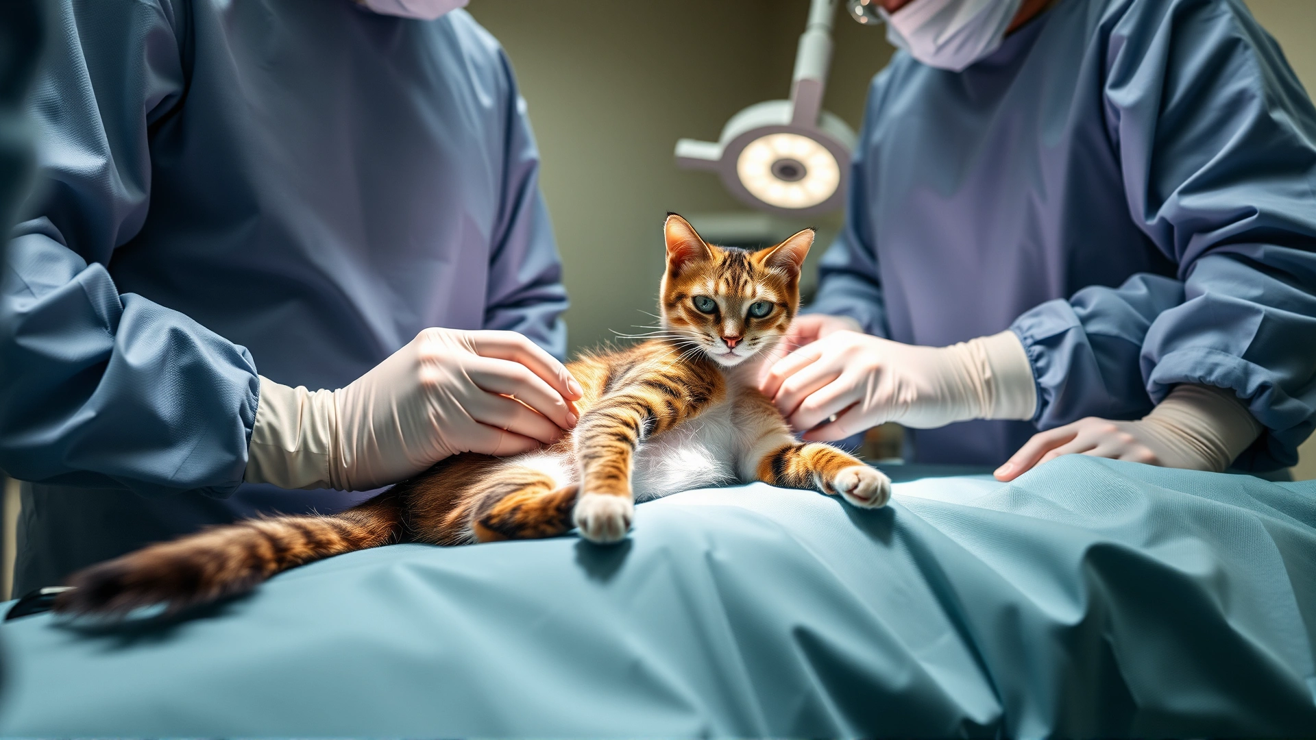 Veterinary surgical team performing a sterile thoracic surgery on a cat on an operating table, focus on chest area, modern clinic