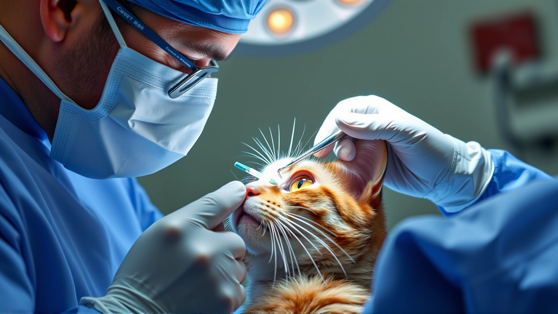 Veterinary surgeon performing delicate eye surgery on a cat under anesthesia, sterile operating room, focus on surgical instruments near the eye.